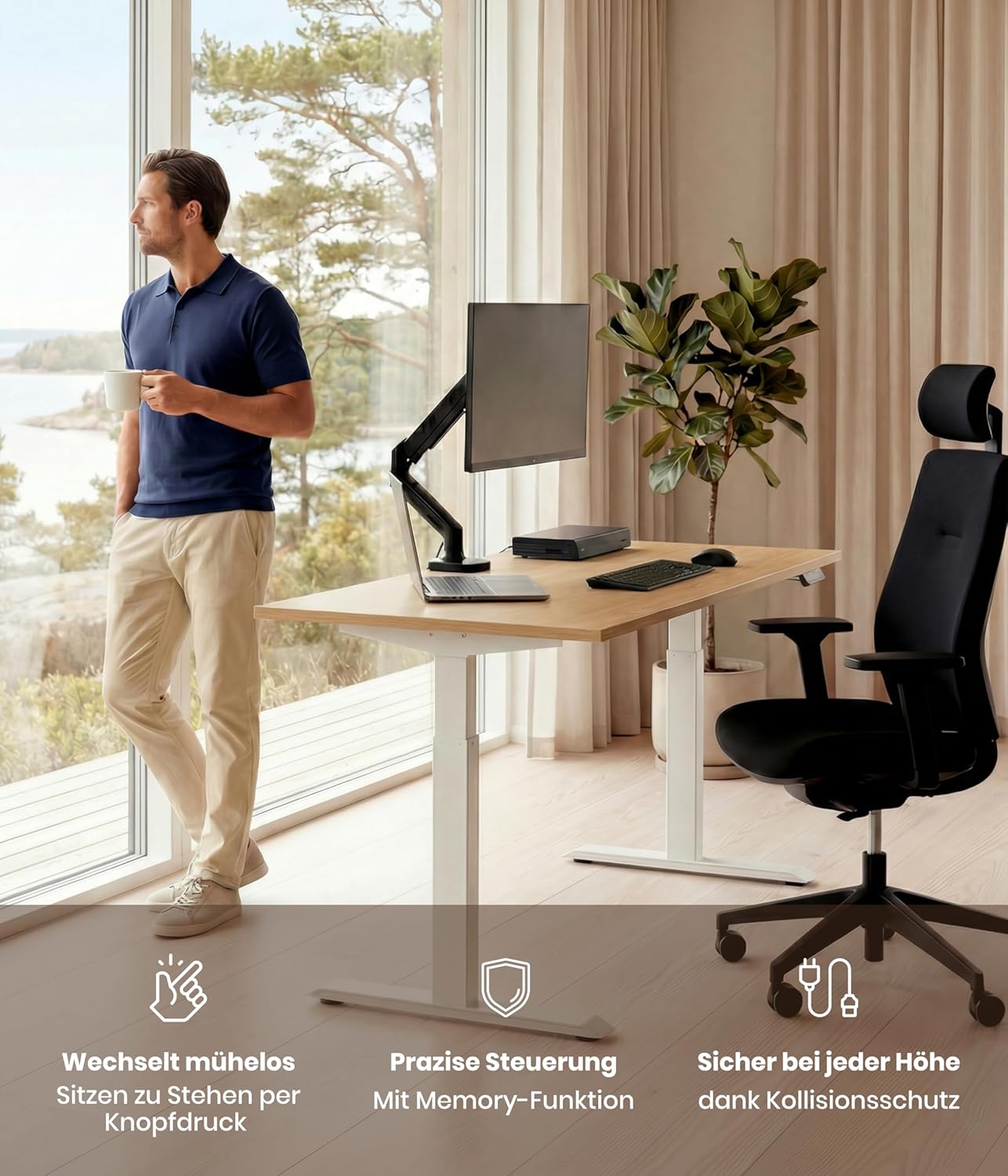 Schultz eDesk Base höhenverstellbares Tischgestell, elektrische weiße Buche (120 x 60), ergonomischer Stehschreibtisch, Home-Office-Einstieg, stabil, leise und robust, höhenverstellbares Tischgestell – Bild 2