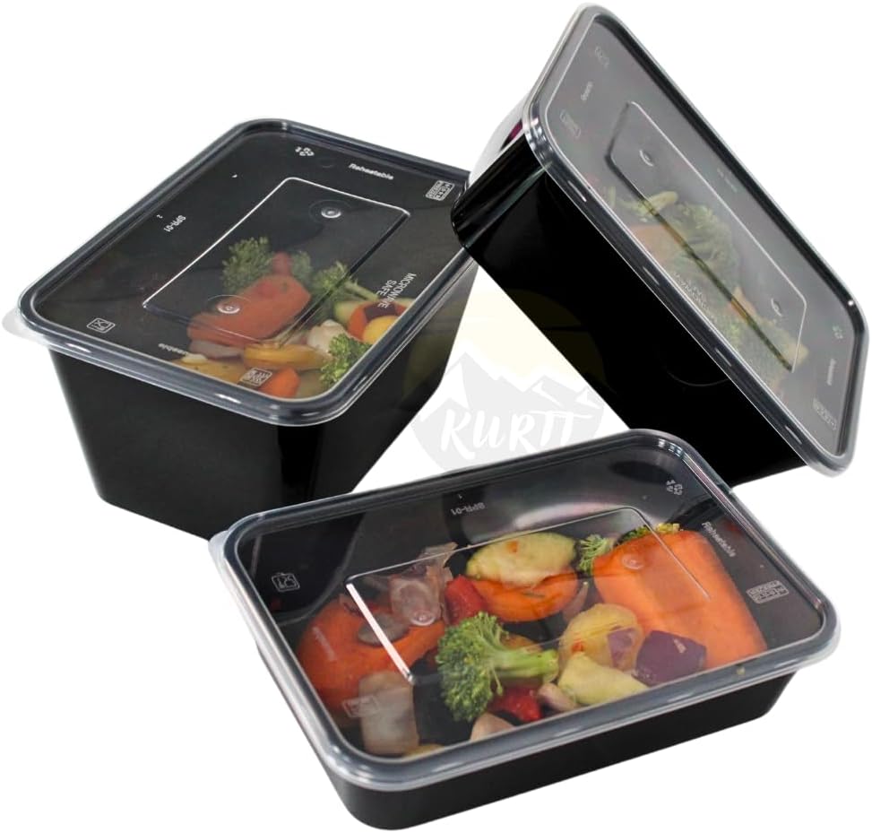 KURTT 100 Stück, Mealprep-Behälter, Mealprep-Behälter, Mikrowellenschüsseln mit Deckel, Frischhaltedosen, wiederverwendbar, mikrowellengeeignet, spülmaschinenfest (schwarz, 1000 ml) – Bild 5