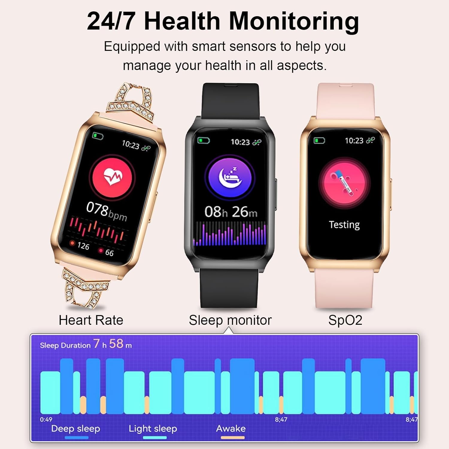 Damen-Smartwatch, 1,47-Zoll-Fitness-Tracker mit 25 Sportmodi, SpO2, Herzfrequenz-Schlafmonitor, Aluminiumgehäuse in Gold, Ultra-Akkulaufzeit, wasserdichte IP68-Fitnessuhr für iOS Android – Bild 5