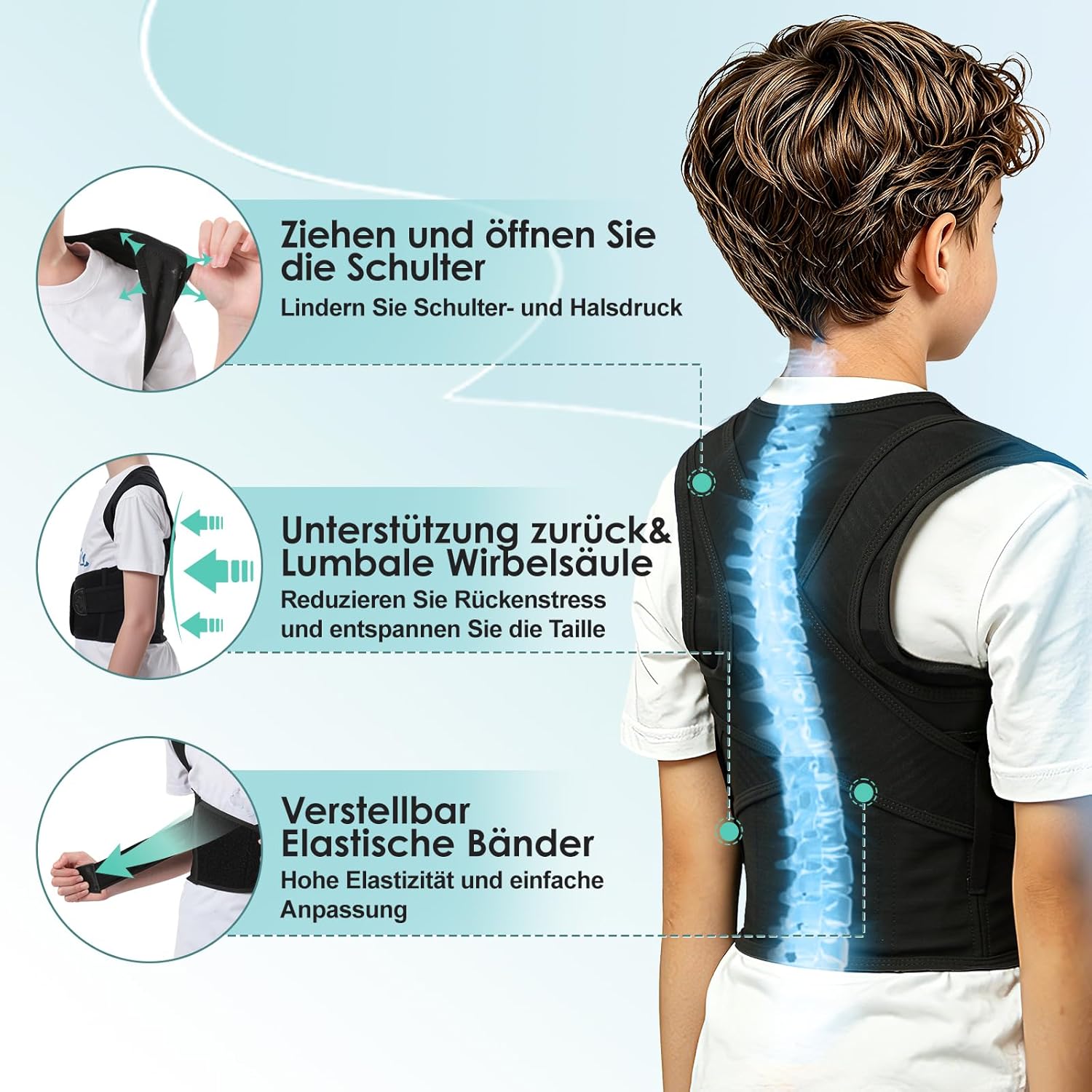 babaka Rücken Geradehalter Rückenstützgürtel Haltungskorrektur Rücken Kinder, Rückenstrecker Verstelbare Haltungstrainer Rückengurt für Schulter Nacken Rückenstütze (L) – Bild 5