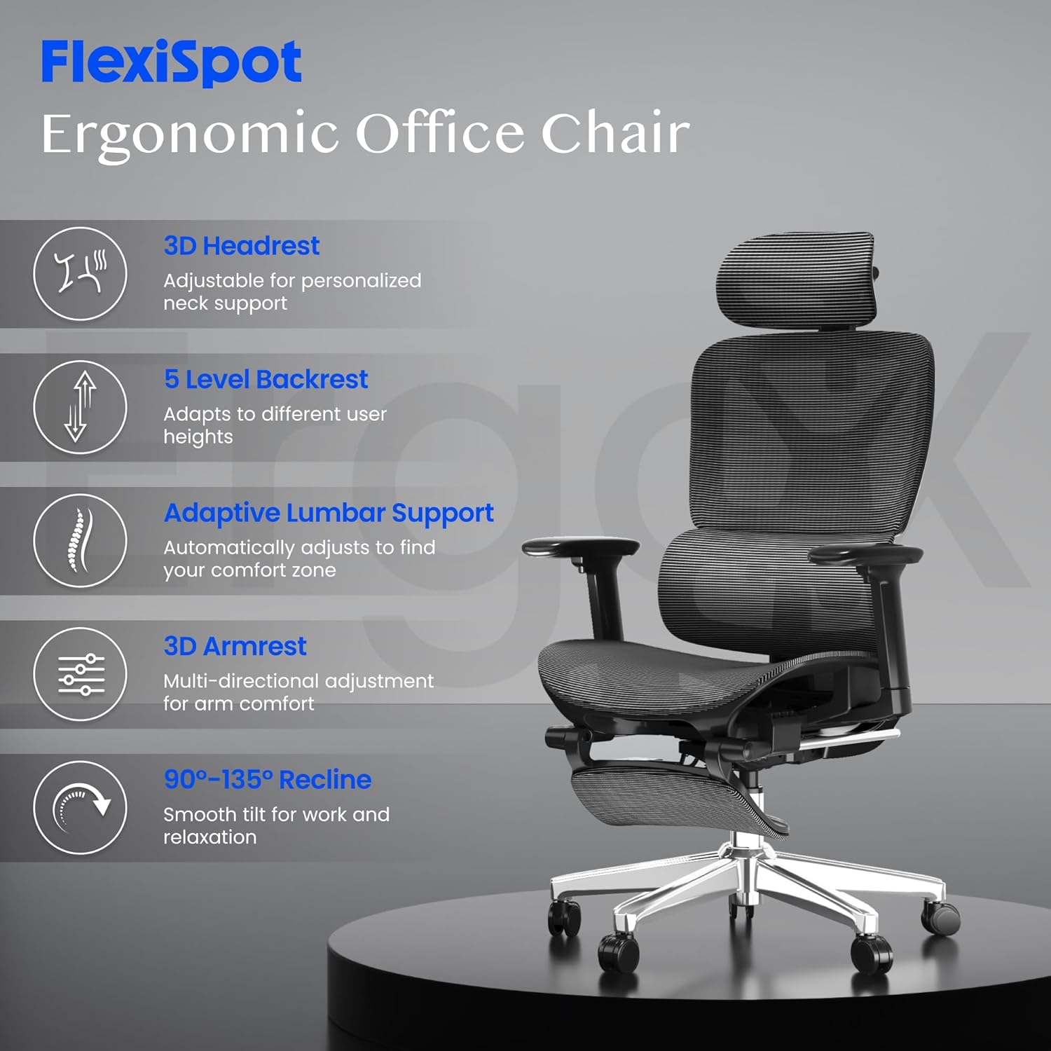 FLEXISPOT ErgoX Ergonomischer Bürostuhl, Schreibtischstuhl, Arbeitsstuhl, 3D-Armlehnen, 3D-Kopfstütze, 5D-verstellbare Rückenlehne, atmungsaktiver Sitz, 136 kg maximale Belastbarkeit, Schwarz – Bild 3