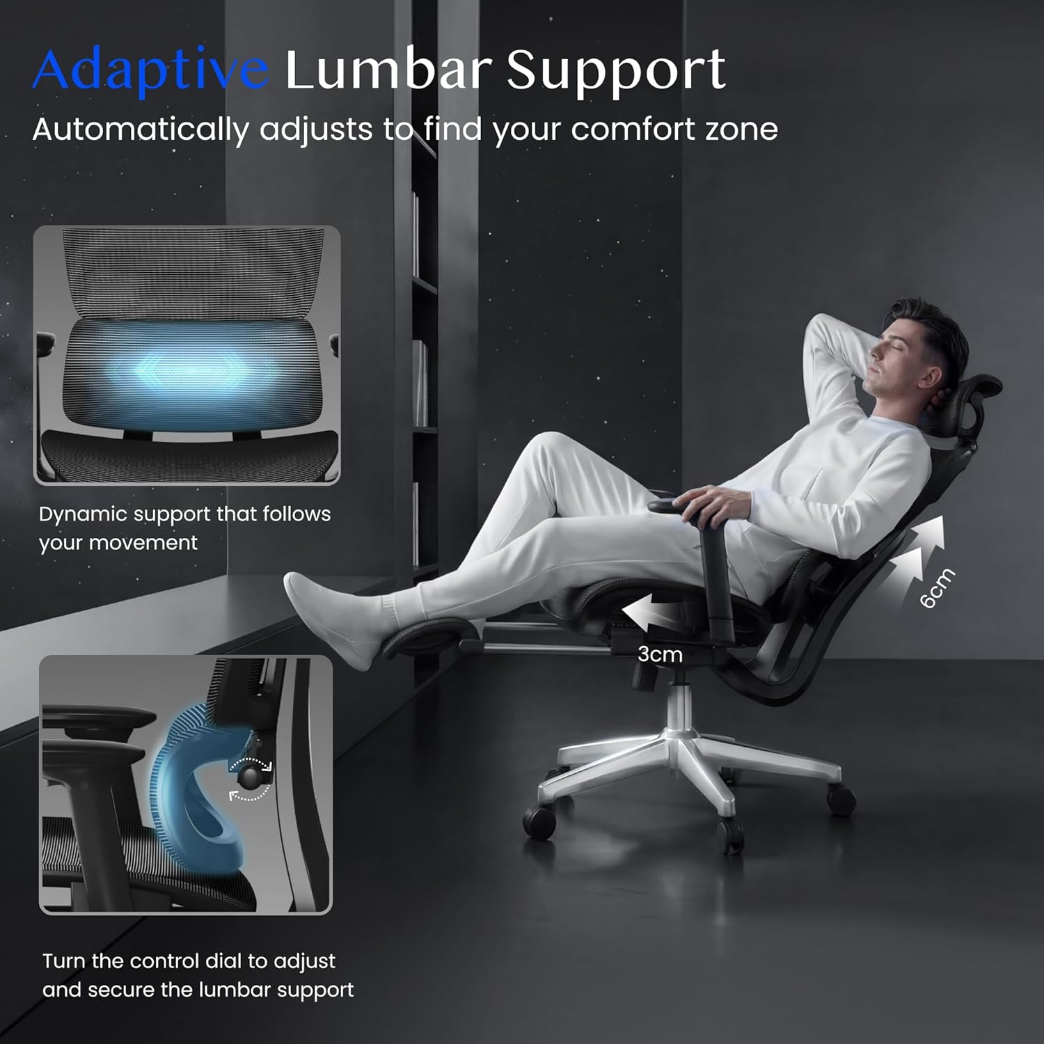 FLEXISPOT ErgoX Ergonomischer Bürostuhl, Schreibtischstuhl, Arbeitsstuhl, 3D-Armlehnen, 3D-Kopfstütze, 5D-verstellbare Rückenlehne, atmungsaktiver Sitz, 136 kg maximale Belastbarkeit, Schwarz – Bild 4