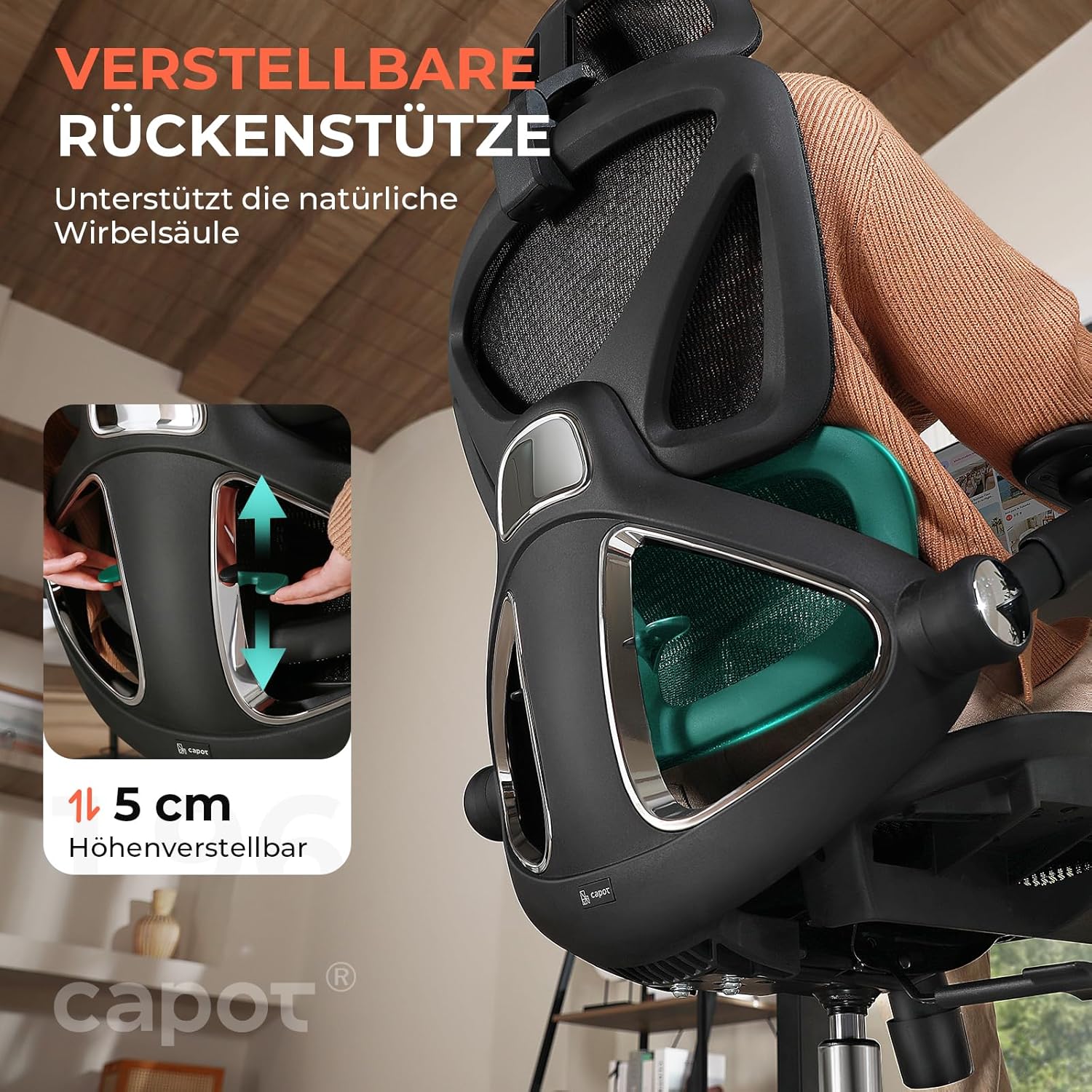 CAPOT Ergonomischer Bürostuhl aus Netzstoff, verstellbarer Schreibtischstuhl mit hoher Rückenlehne, 180 kg, 4D-Klapparme, 3-stufige neigbare Rückenlehne, 3D-Kopfstütze, PU-Räder, drehbarer Computerstuhl für – Bild 3