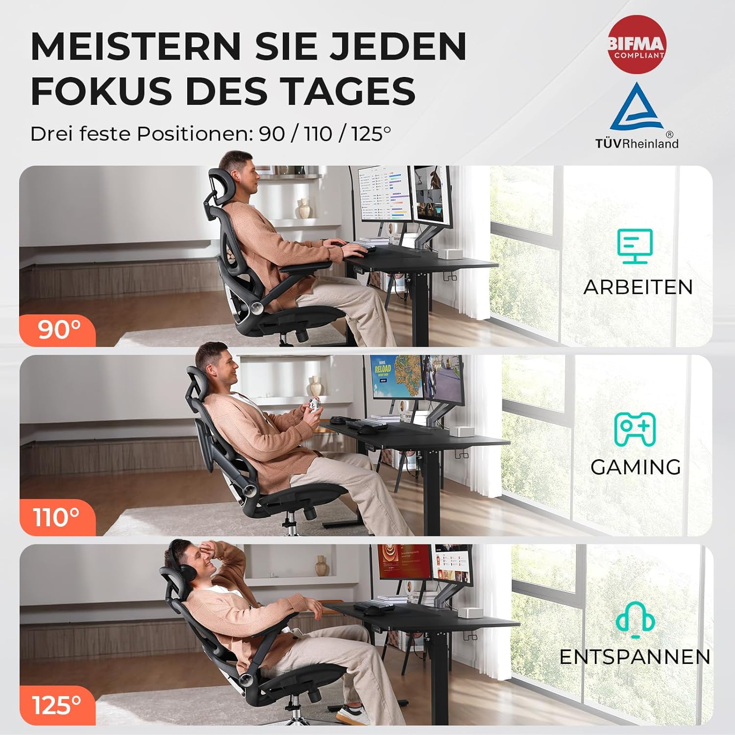 CAPOT Ergonomischer Bürostuhl aus Netzstoff, verstellbarer Schreibtischstuhl mit hoher Rückenlehne, 180 kg, 4D-Klapparme, 3-stufige neigbare Rückenlehne, 3D-Kopfstütze, PU-Räder, drehbarer Computerstuhl für – Bild 4