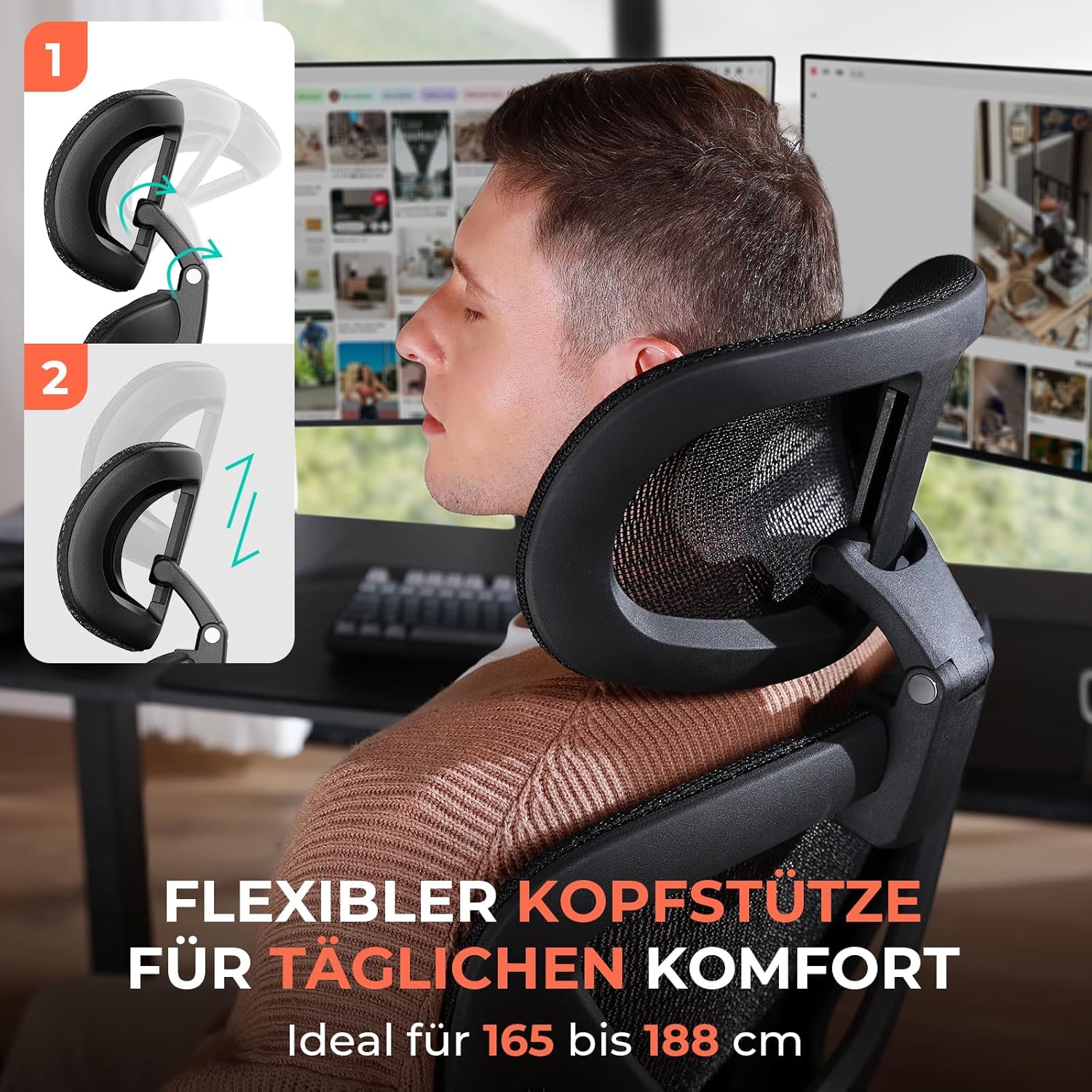 CAPOT Ergonomischer Bürostuhl aus Netzstoff, verstellbarer Schreibtischstuhl mit hoher Rückenlehne, 180 kg, 4D-Klapparme, 3-stufige neigbare Rückenlehne, 3D-Kopfstütze, PU-Räder, drehbarer Computerstuhl für – Bild 5