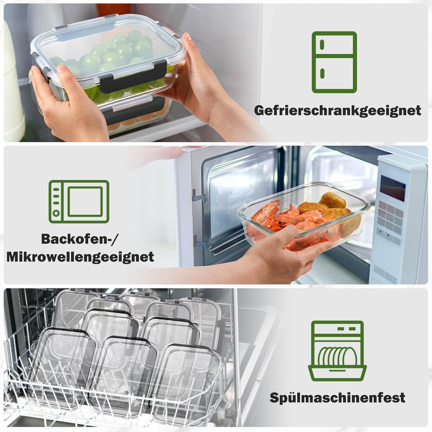 YASHE Glasbehälter mit Deckel, 12 Stück, stapelbare und luftdichte Meal-Prep-Boxen, Glas für spülmaschinenfeste, mikrowellen- und gefriergeeignete, auslaufsichere, BPA-freie Glasbehälter mit Deckel-Set – Bild 5