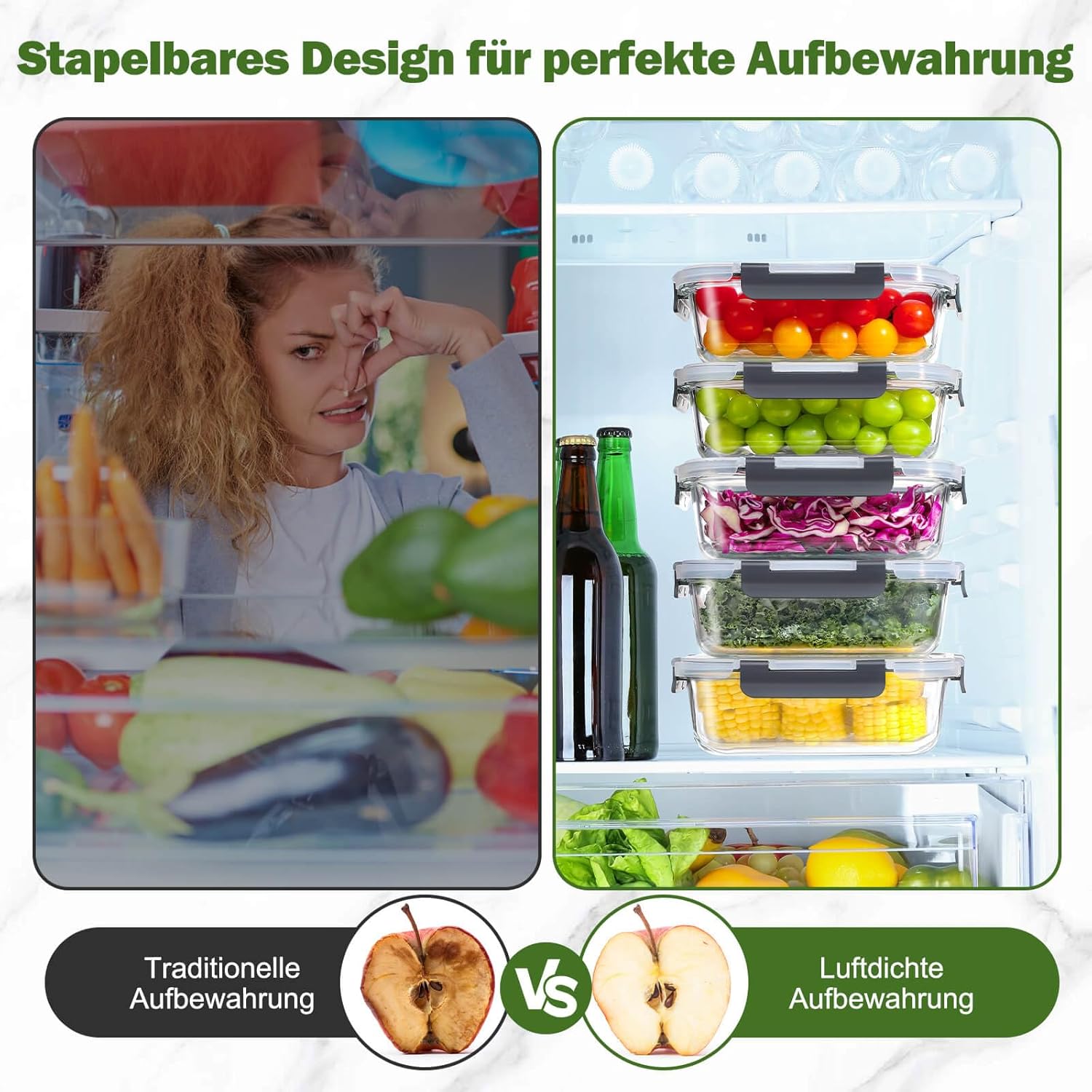YASHE Glasbehälter mit Deckel, 12 Stück, stapelbare und luftdichte Meal-Prep-Boxen, Glas für spülmaschinenfeste, mikrowellen- und gefriergeeignete, auslaufsichere, BPA-freie Glasbehälter mit Deckel-Set – Bild 6