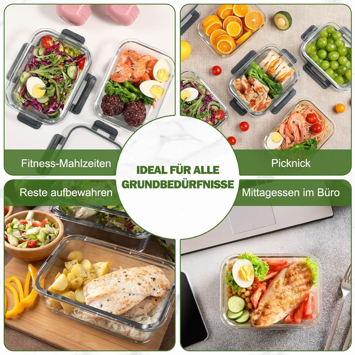 YASHE Glasbehälter mit Deckel, 12 Stück, stapelbare und luftdichte Meal-Prep-Boxen, Glas für spülmaschinenfeste, mikrowellen- und gefriergeeignete, auslaufsichere, BPA-freie Glasbehälter mit Deckel-Set – Bild 8