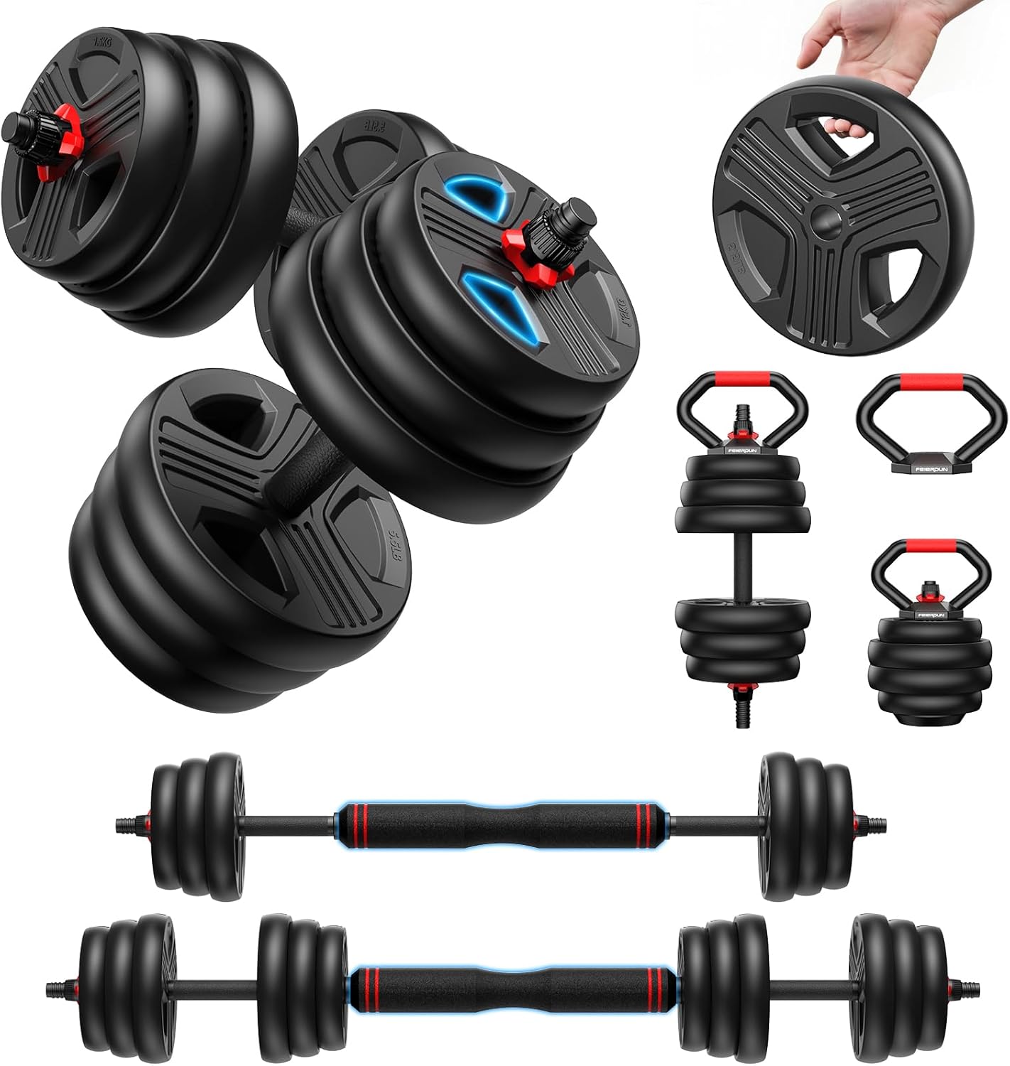 FEIERDUN 10 kg - 40 kg Hanteln verstellbar 2er Set, 5-in-1 Hantelset, Langhantel, Kettlebell, Liegestützständer für Ganzkörpertraining, Krafttraining für Männer und Frauen