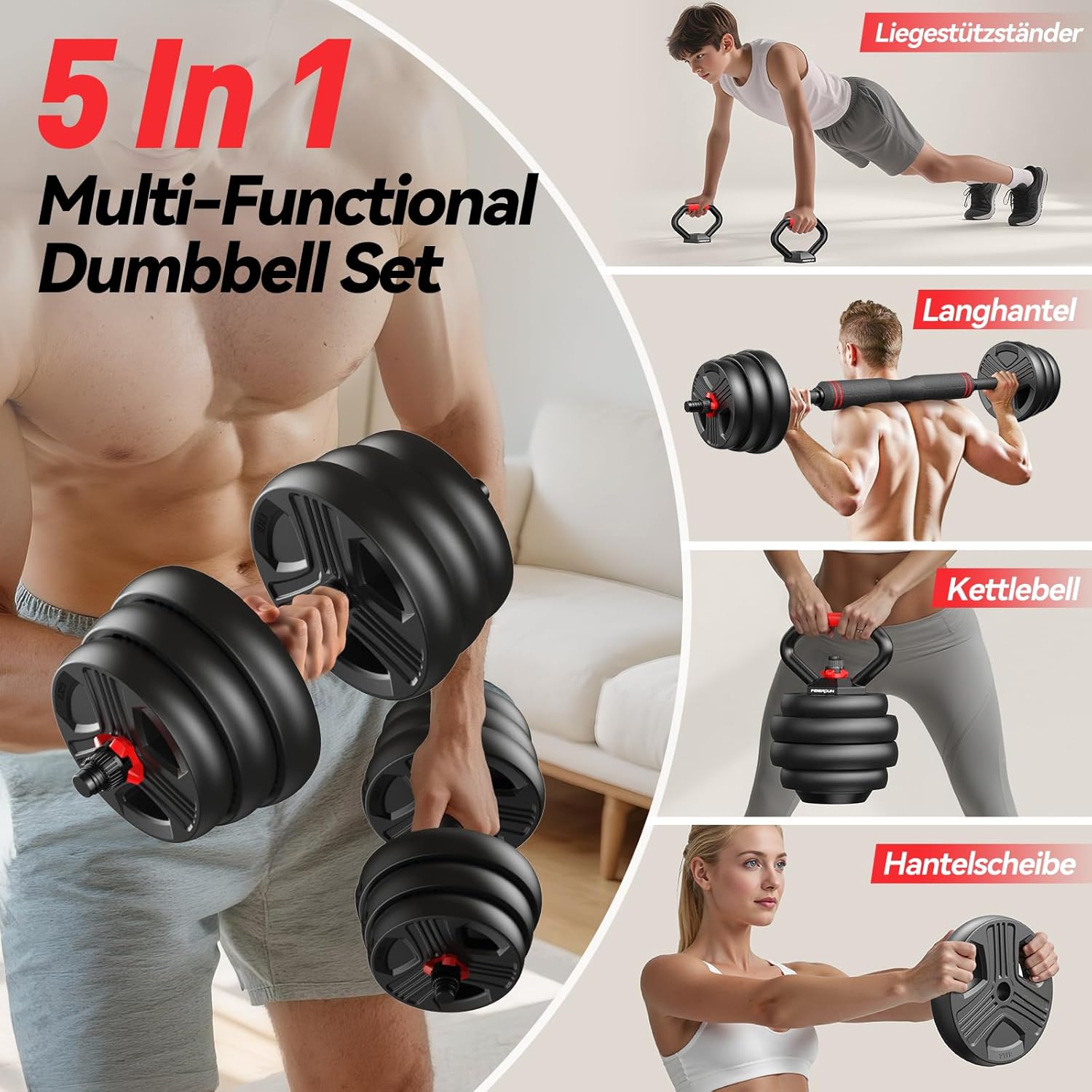FEIERDUN 10 kg - 40 kg Hanteln verstellbar 2er Set, 5-in-1 Hantelset, Langhantel, Kettlebell, Liegestützständer für Ganzkörpertraining, Krafttraining für Männer und Frauen – Bild 2