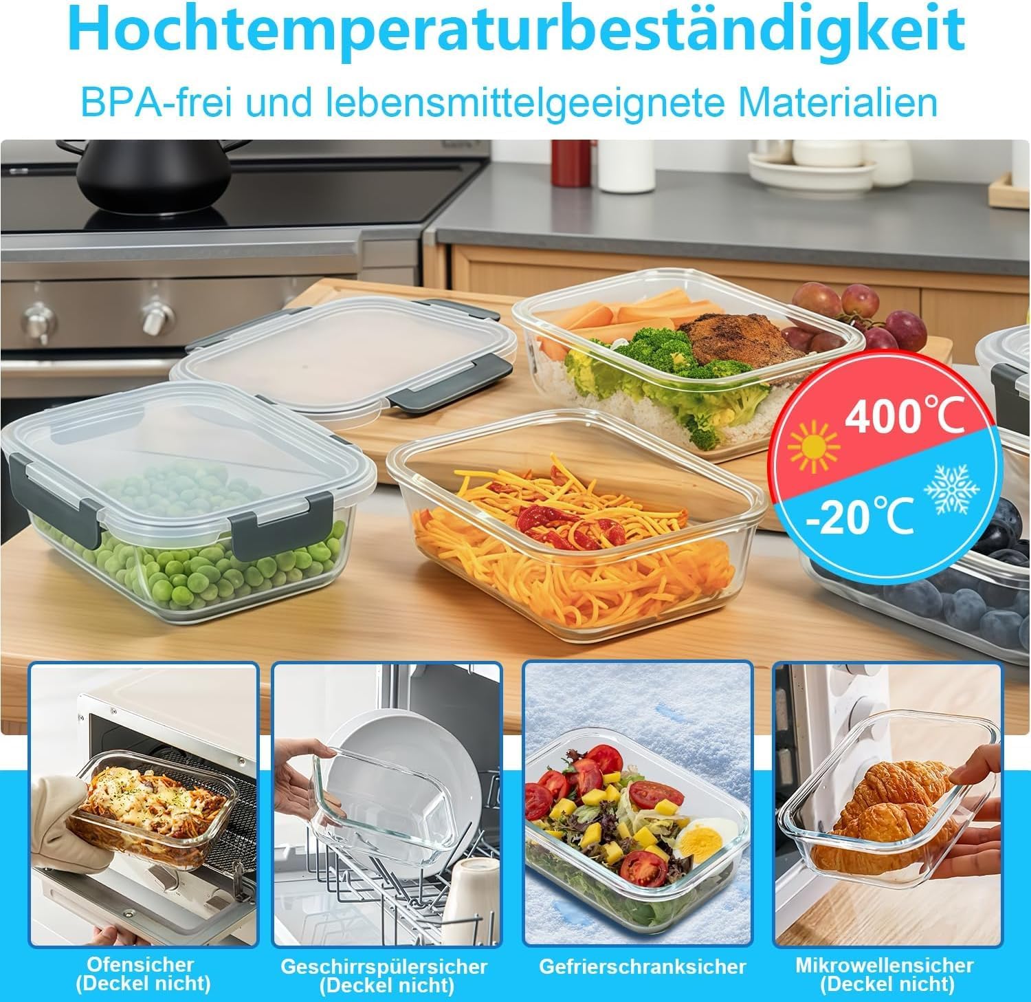 KUMD 24 Teile (12 Sets) Glas-Frischhaltedosen Set für Lebensmittel – undichtungsfrei für Meal Prep & Lunch, Ofen/Mikrowelle/Gefrierfach/Spülmaschine, LFGB-zertifiziert & BPA-frei – Bild 2