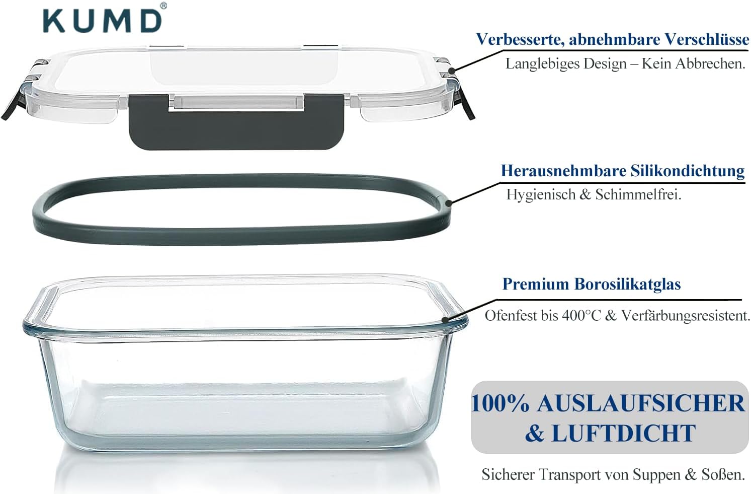 KUMD 24 Teile (12 Sets) Glas-Frischhaltedosen Set für Lebensmittel – undichtungsfrei für Meal Prep & Lunch, Ofen/Mikrowelle/Gefrierfach/Spülmaschine, LFGB-zertifiziert & BPA-frei – Bild 4
