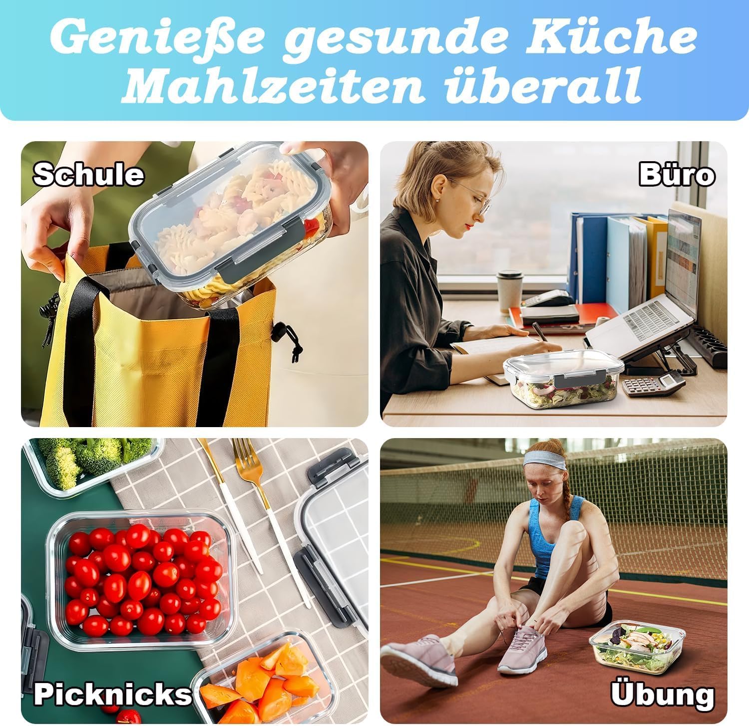 KUMD 24 Teile (12 Sets) Glas-Frischhaltedosen Set für Lebensmittel – undichtungsfrei für Meal Prep & Lunch, Ofen/Mikrowelle/Gefrierfach/Spülmaschine, LFGB-zertifiziert & BPA-frei – Bild 7