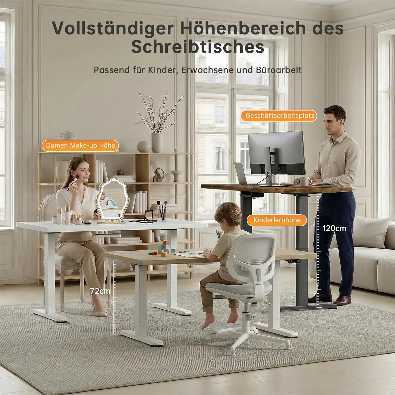 Devoko Höhenverstellbarer Schreibtisch mit 2 Motoren, 25 mm einteilige Tischplatte, 160 x 80 cm, elektrischer Computertisch mit Kabelmanagement, weiß – perfekte Ergonomie für Ihr Büro – Bild 3