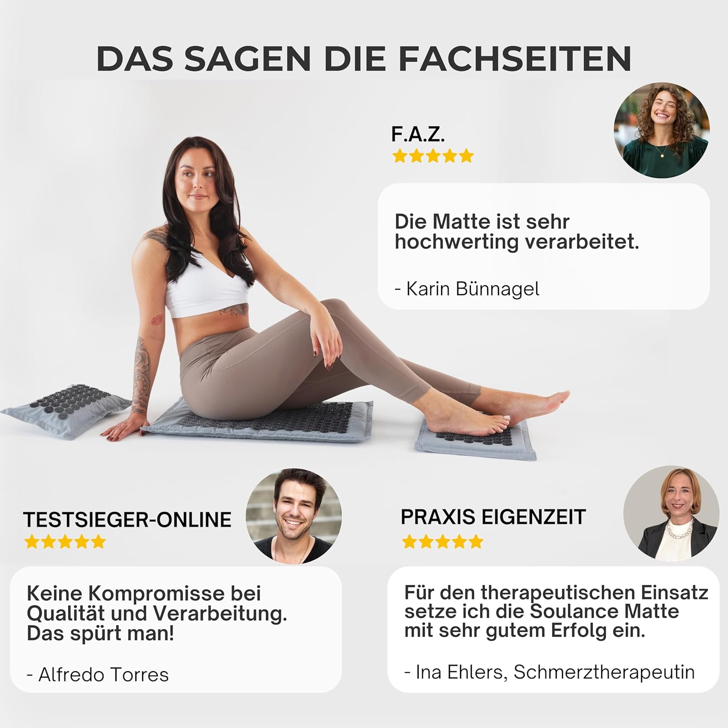 Akupressurmatte mit Kissen 6-in-1 Premium-Set (inkl. Yogatuch) & Tragetasche, Kokosfaserfüllung – Massagematte, Akupunkturmatte gegen Nacken- und Rückenschmerzen (Eisgrau, XXL-Set) – Bild 8
