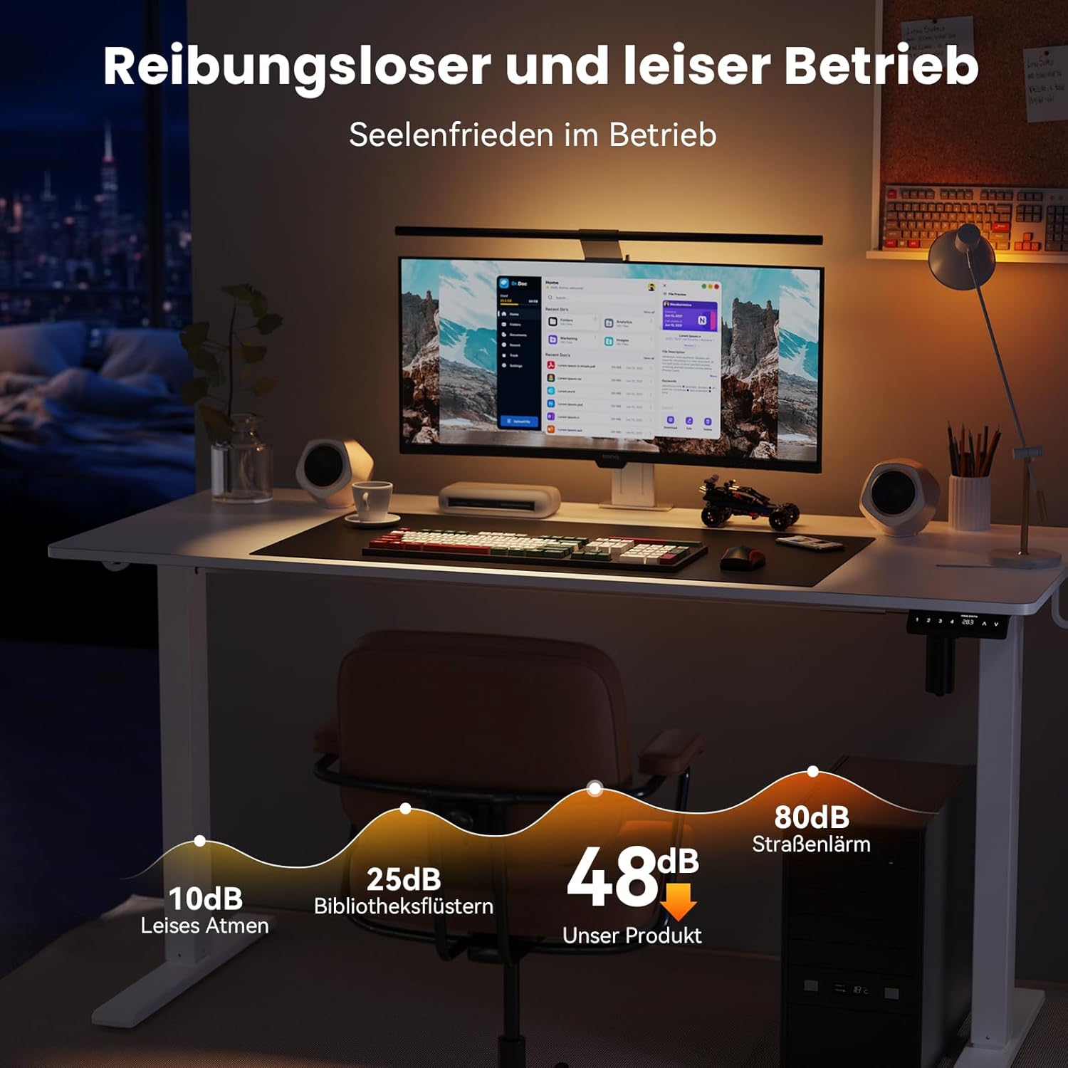 WALKINGDESK Höhenverstellbarer Schreibtisch, elektrisch 120 x 60 cm, Computertisch, Stehsitztisch, höhenverstellbar mit 4 Memory-Funktionen, Stehpult mit 2 Haken für Büro, Verbindungsplatte, weiß – Bild 5