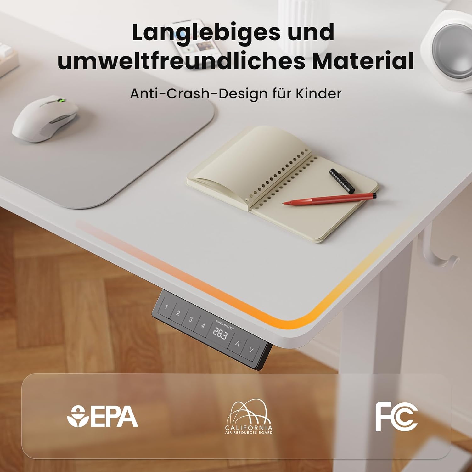 WALKINGDESK Höhenverstellbarer Schreibtisch, elektrisch 120 x 60 cm, Computertisch, Stehsitztisch, höhenverstellbar mit 4 Memory-Funktionen, Stehpult mit 2 Haken für Büro, Verbindungsplatte, weiß – Bild 9