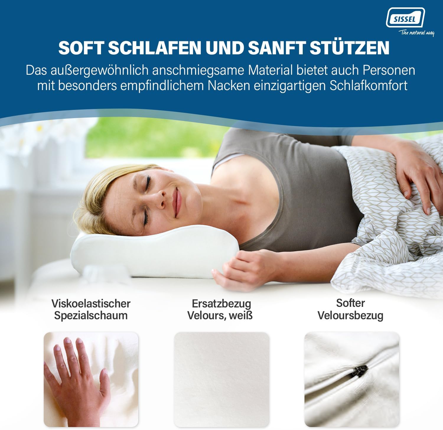 SISSEL Soft Curve Nackenkissen, orthopädisches Kissen aus viskoelastischem Schaumstoff, ergonomisches Kissen für Nacken und Wirbelsäule, Nackenstützkissen mit waschbarem Veloursbezug – Bild 6