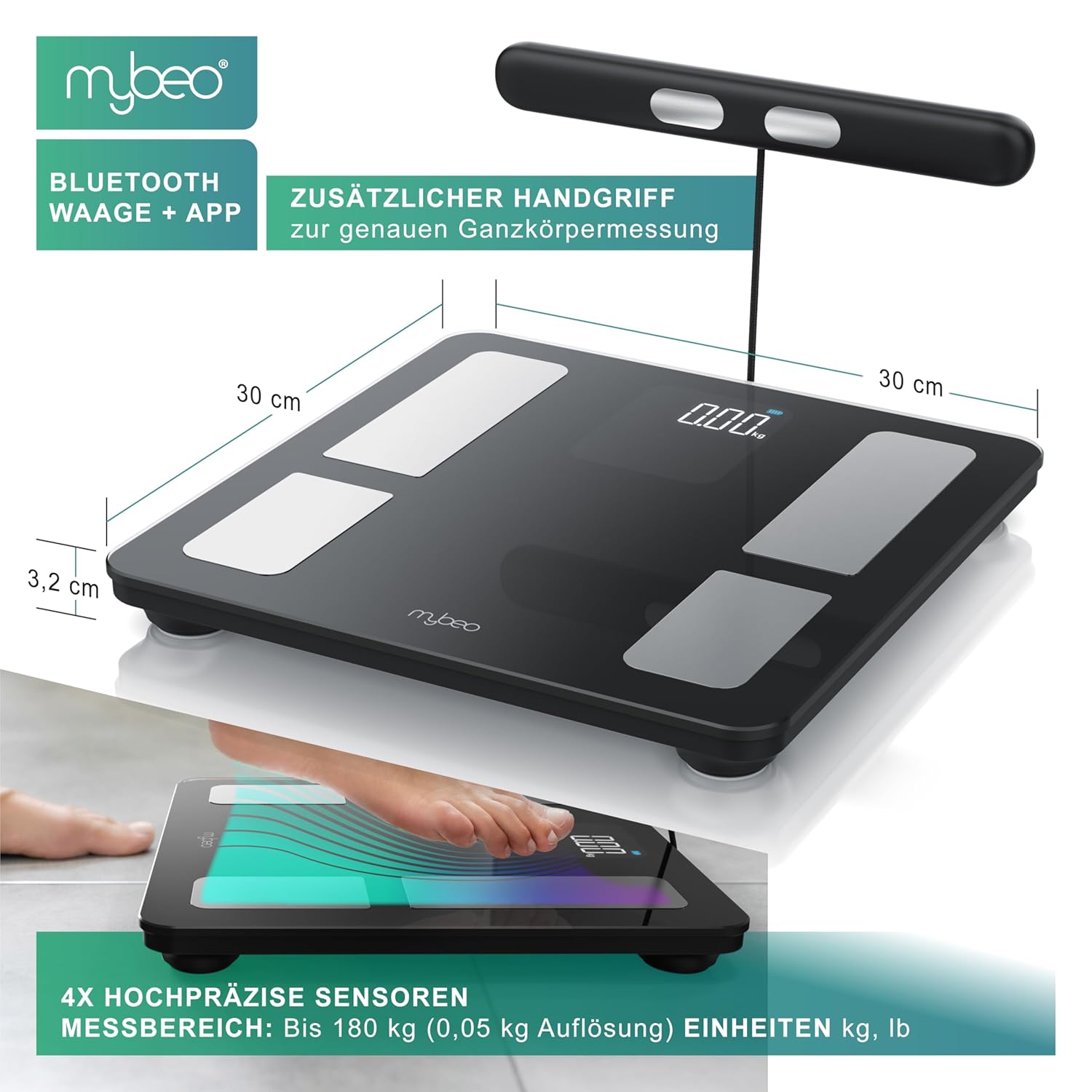 Mybeo Körperfettwaage mit Handsensoren mit App, digitale Bluetooth-Körperwaage, Personenwaage, Multifunktionswaage, digitaler Display-Griff für präzise Ergebnisse mit Körperfettanalyse – Bild 2