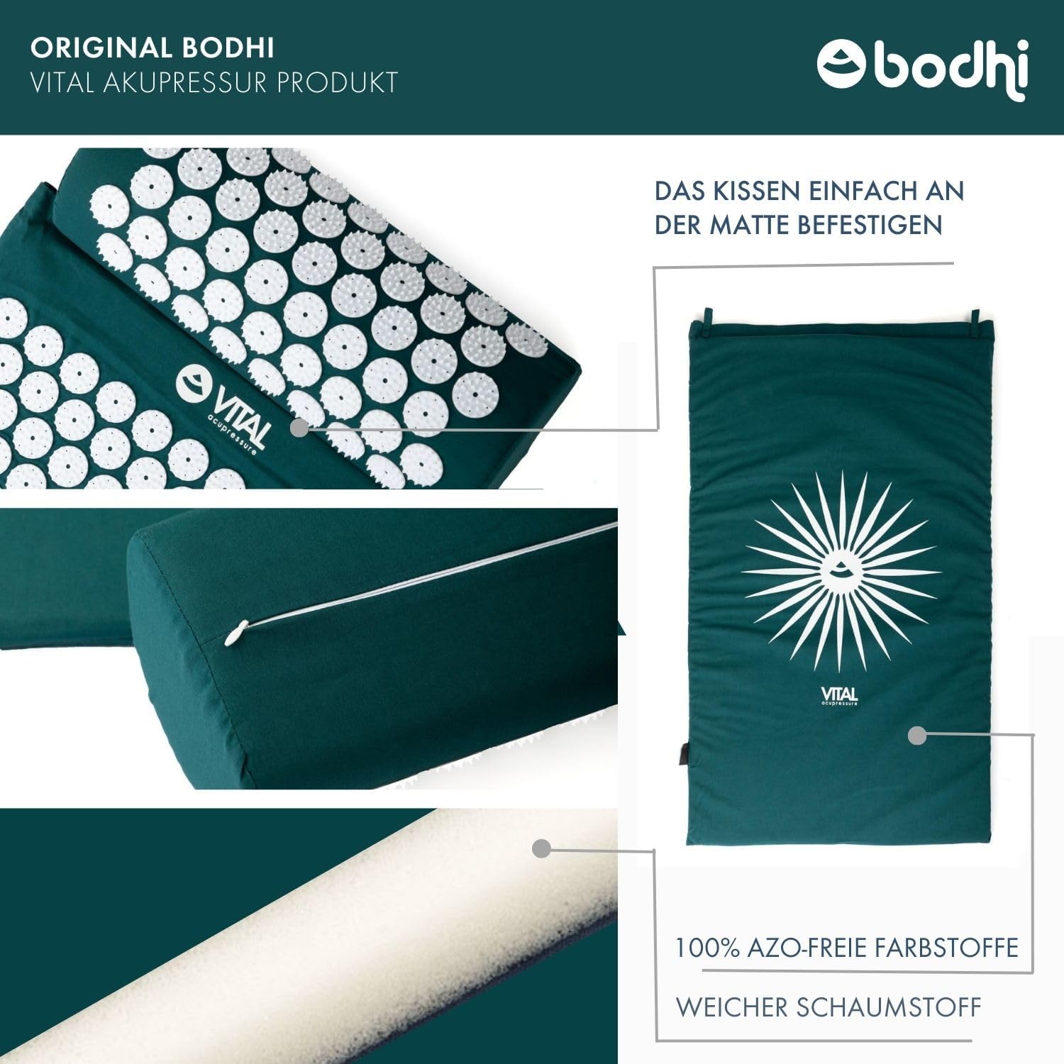 Bodhi VITAL Akupressurmatte XL Deluxe Set Soft | Fakirmatte im Set mit Nadelkissen, Fußmatte & Tasche | Selbstmassage für Zuhause | Massagematte gegen Nacken- und Rückenschmerzen | Petrolblau – Bild 5