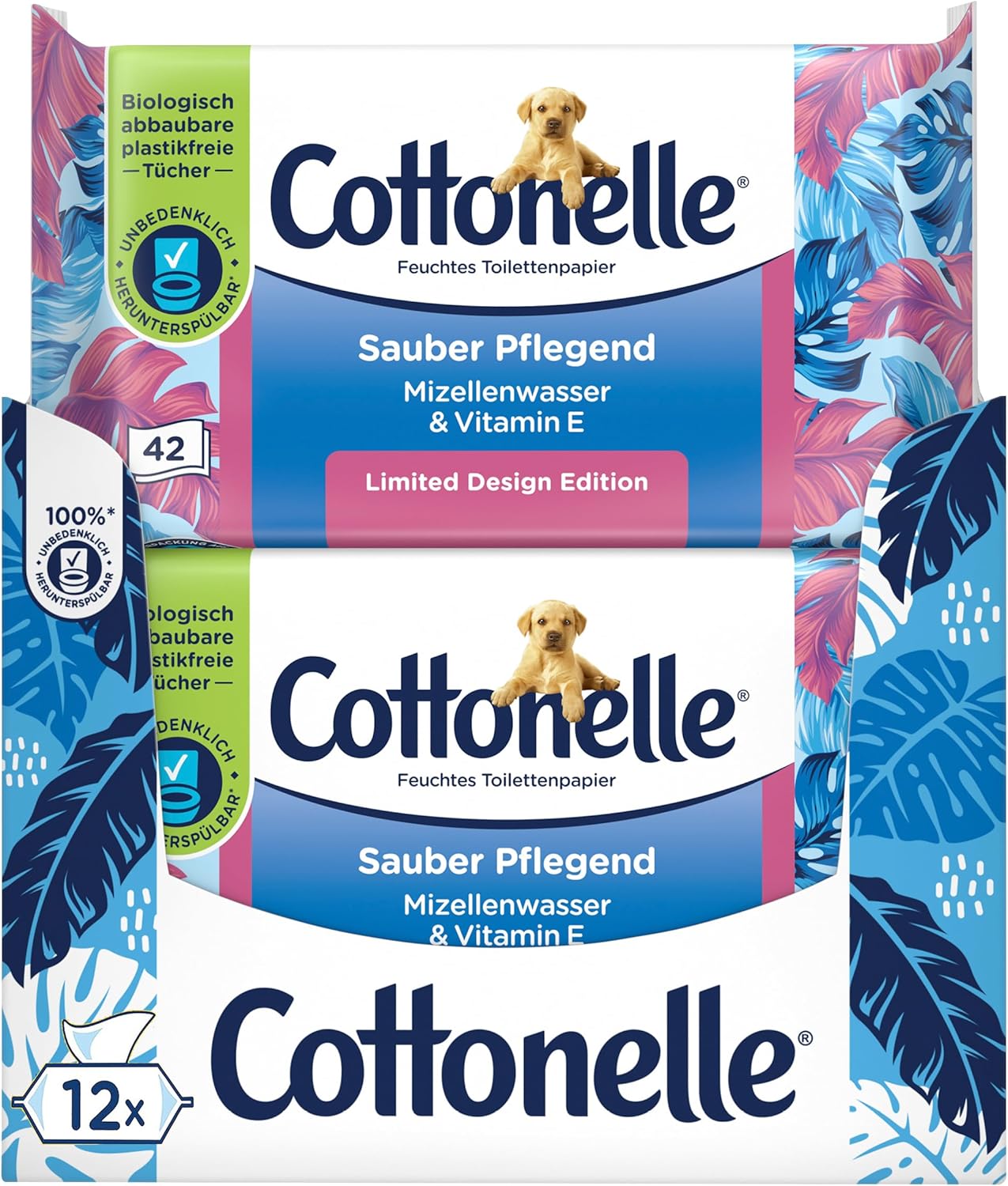Cottonelle Feuchtes Toilettenpapier, sauber pflegend, mizellares Wasser und Baumwollduft, biologisch abbaubar, plastikfrei, wiederverschließbar, Vorteilspackung, 12 x 42 Feuchttücher