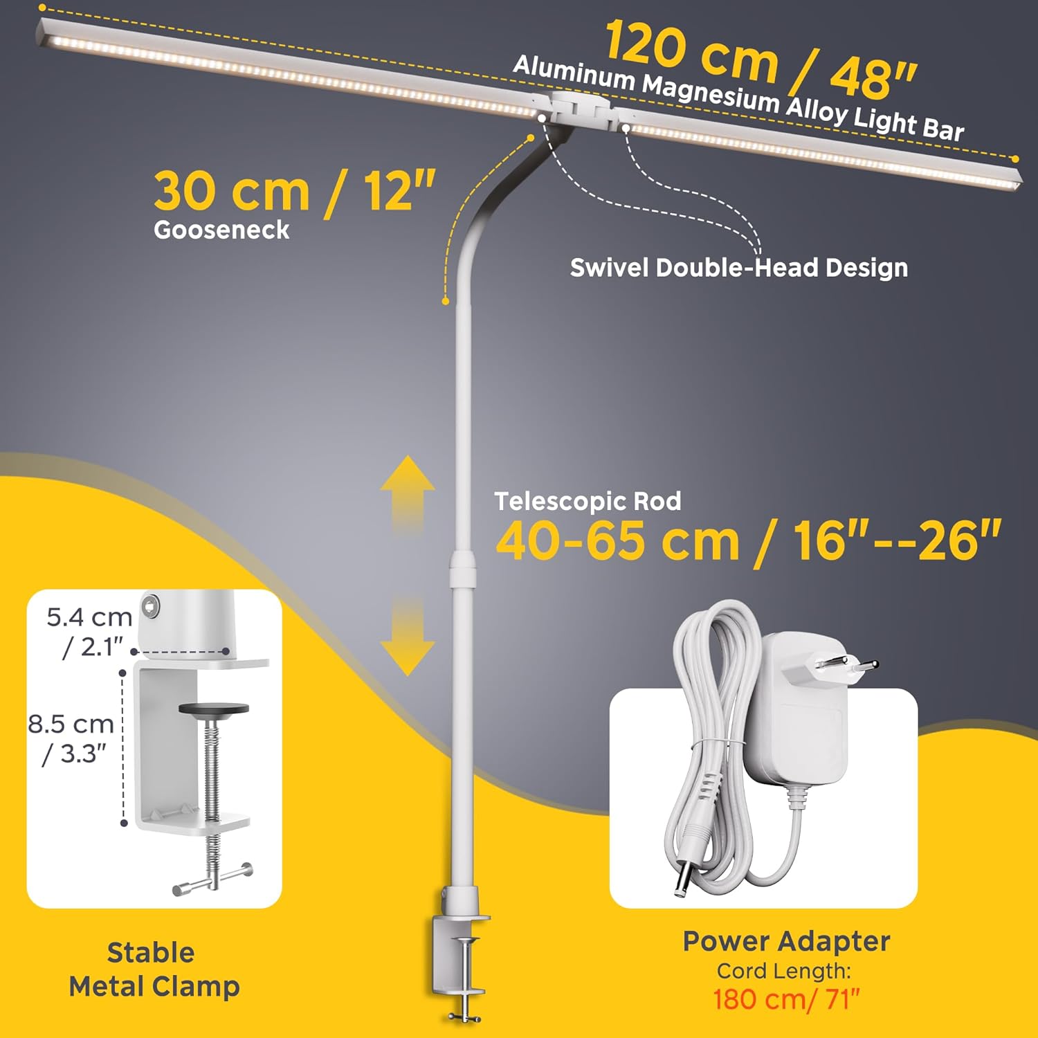 EYOCEAN Schreibtischlampe, Doppelkopf-Schreibtischlampe, Teleskopstange mit verstellbarer Höhe, 30 W 120 cm Tageslichtlampe Schreibtisch mit Fernbedienung, dimmbare Monitorlampe, Bürotischlampe – Bild 5