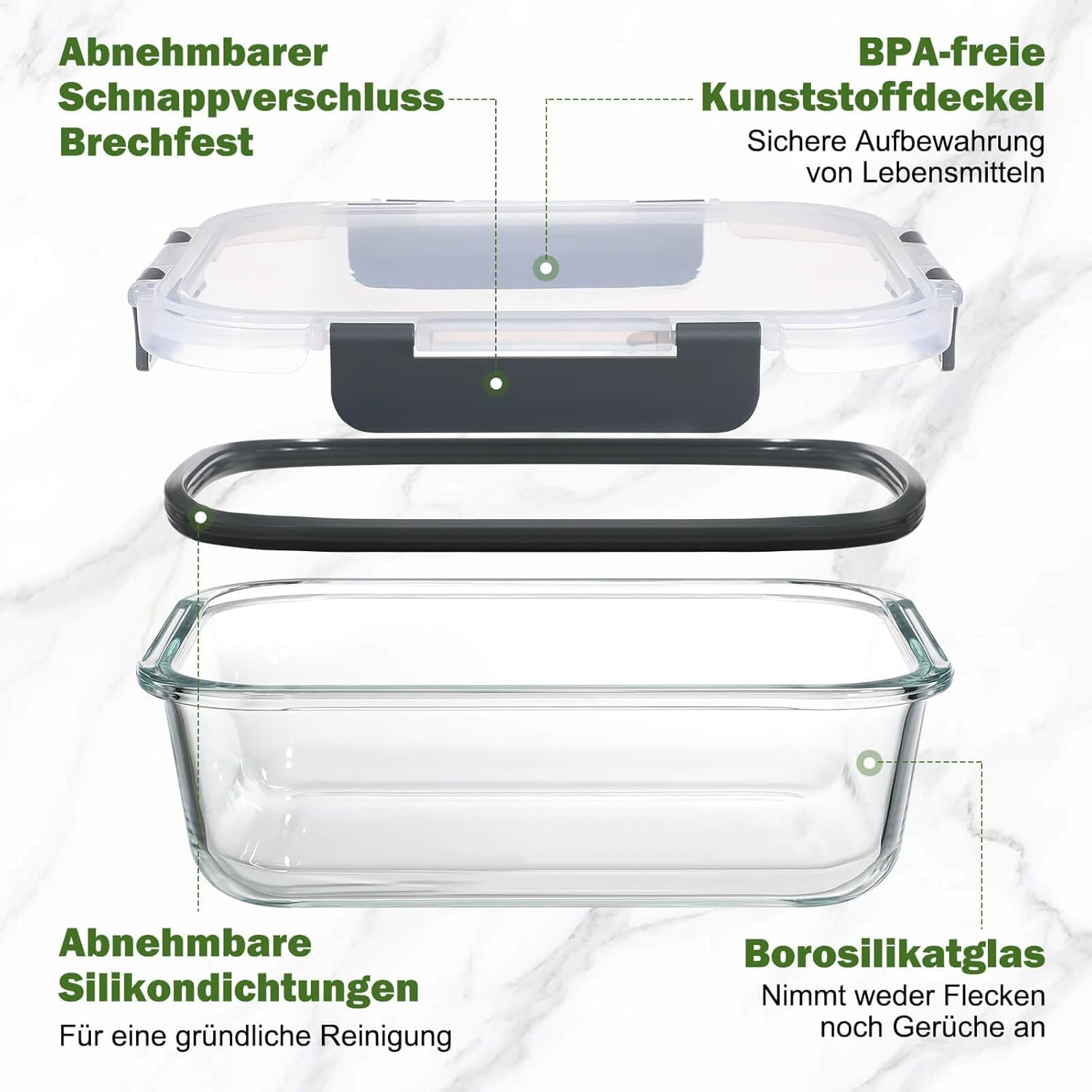 YASHE Glasbehälter mit Deckel, 10 Stück, stapelbare und luftdichte Meal-Prep-Boxen, Glas für spülmaschinenfeste, mikrowellen- und gefriergeeignete, auslaufsichere, BPA-freie Glasbehälter mit Deckel-Set – Bild 3