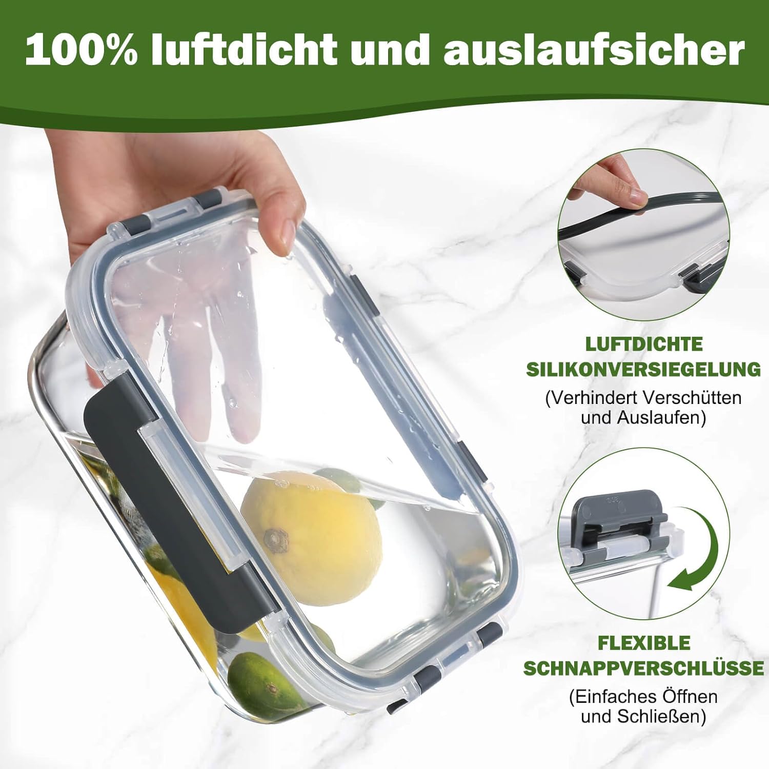YASHE Glasbehälter mit Deckel, 10 Stück, stapelbare und luftdichte Meal-Prep-Boxen, Glas für spülmaschinenfeste, mikrowellen- und gefriergeeignete, auslaufsichere, BPA-freie Glasbehälter mit Deckel-Set – Bild 4