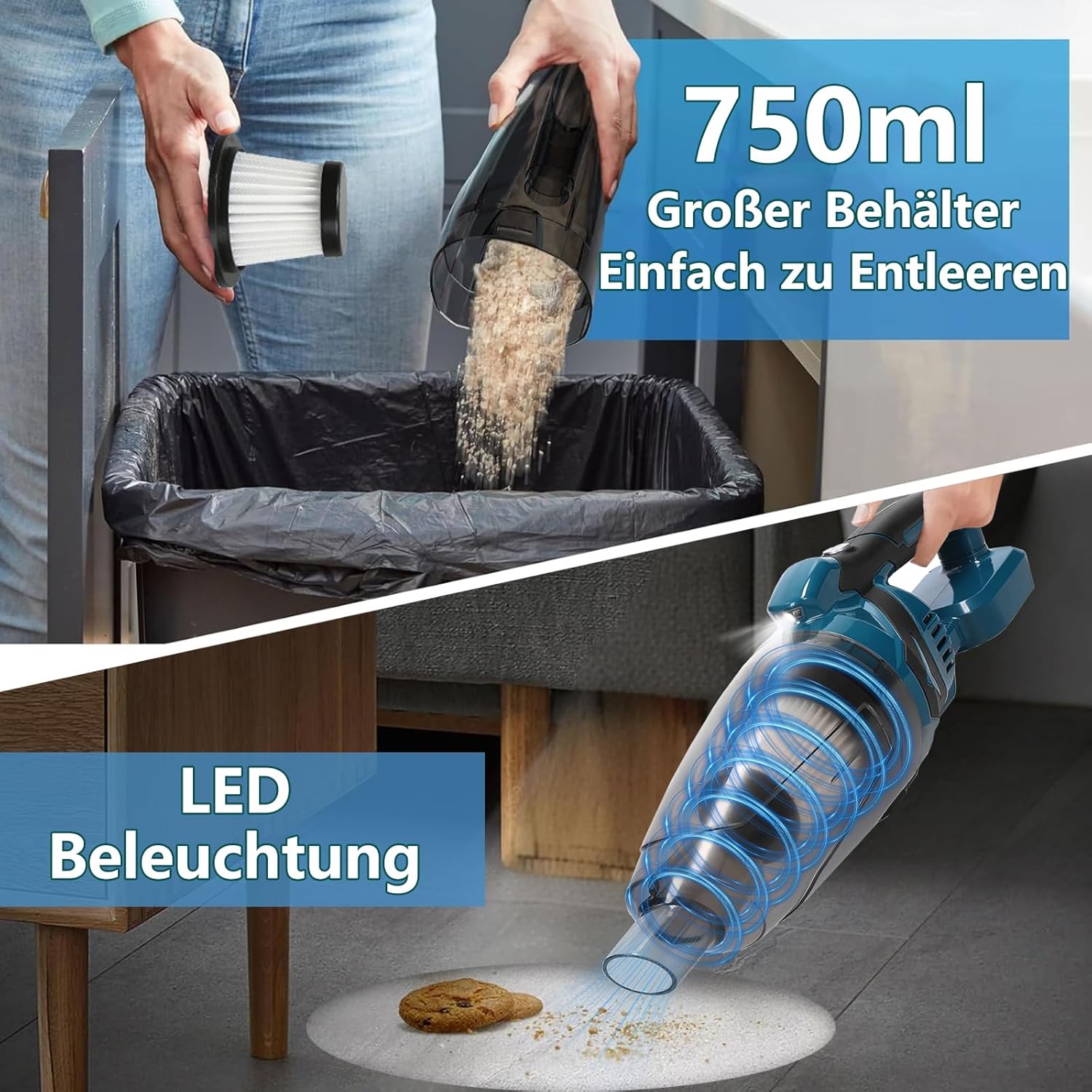 Akku Staubsauger für Makita Akku 18V, Starke 10000Pa Kabelloser Handstaubsauger Akku mit LED-Beleuchtung und großem 750ml Staubbehälter für Auto, Zuhause (Blau mit 2 Akkus) – Bild 2