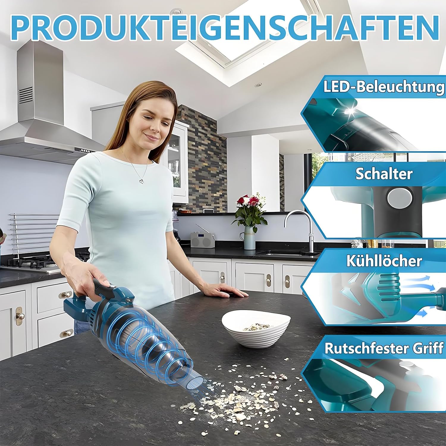 Akku Staubsauger für Makita Akku 18V, Starke 10000Pa Kabelloser Handstaubsauger Akku mit LED-Beleuchtung und großem 750ml Staubbehälter für Auto, Zuhause (Blau mit 2 Akkus) – Bild 3