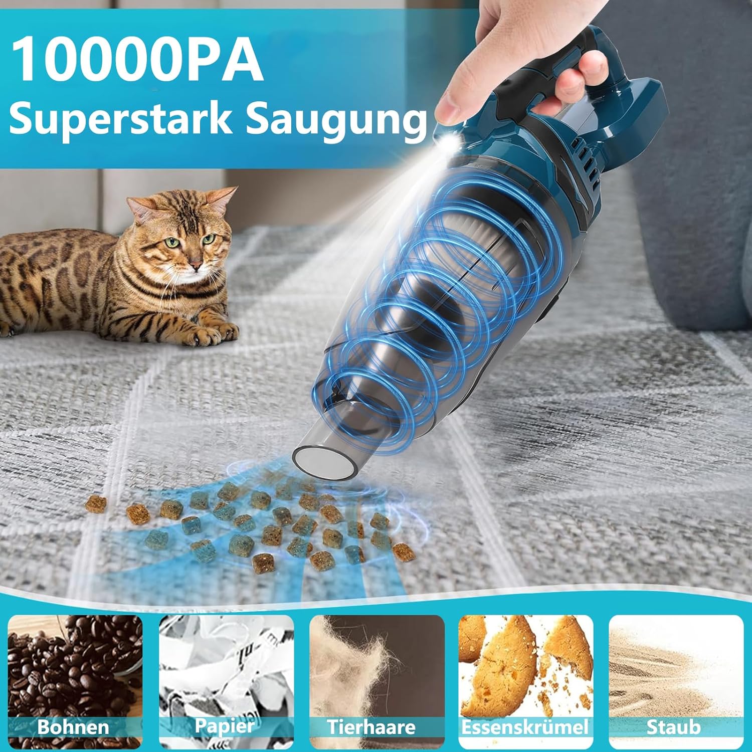Akku Staubsauger für Makita Akku 18V, Starke 10000Pa Kabelloser Handstaubsauger Akku mit LED-Beleuchtung und großem 750ml Staubbehälter für Auto, Zuhause (Blau mit 2 Akkus) – Bild 6