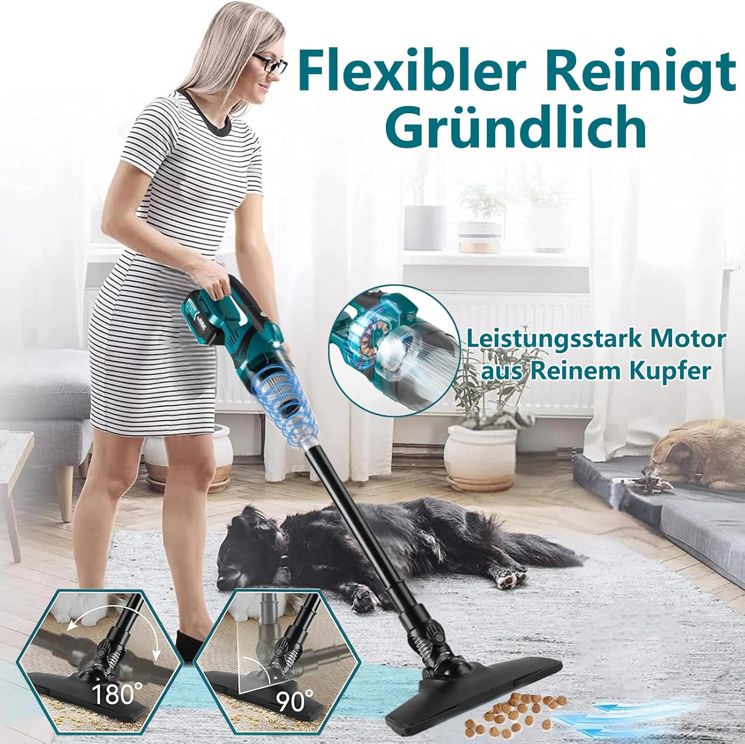 Akku Staubsauger für Makita Akku 18V, Starke 10000Pa Kabelloser Handstaubsauger Akku mit LED-Beleuchtung und großem 750ml Staubbehälter für Auto, Zuhause (Blau mit 2 Akkus) – Bild 7