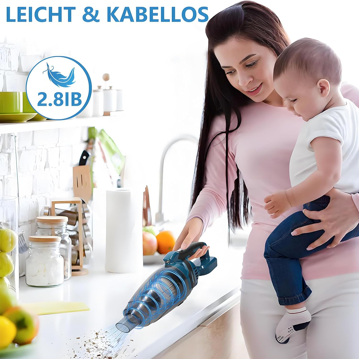 Akku Staubsauger für Makita Akku 18V, Starke 10000Pa Kabelloser Handstaubsauger Akku mit LED-Beleuchtung und großem 750ml Staubbehälter für Auto, Zuhause (Blau mit 2 Akkus) – Bild 8