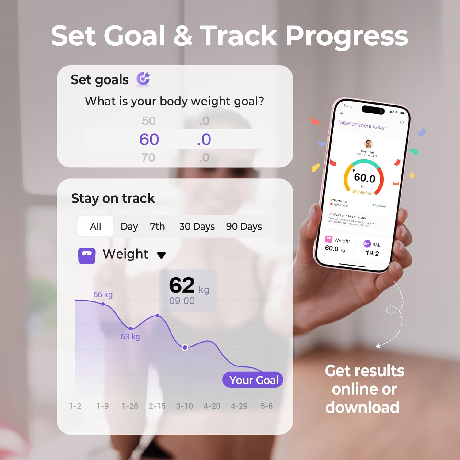Ovutek Personenwaage Körperfettwaage für Körperfett, Körperwaage Digital mit Frei Smartphone-App BMI-Waage Genaue 14 Körperzusammensetzung, Hellrosa Waage Personen 180kg – Bild 4