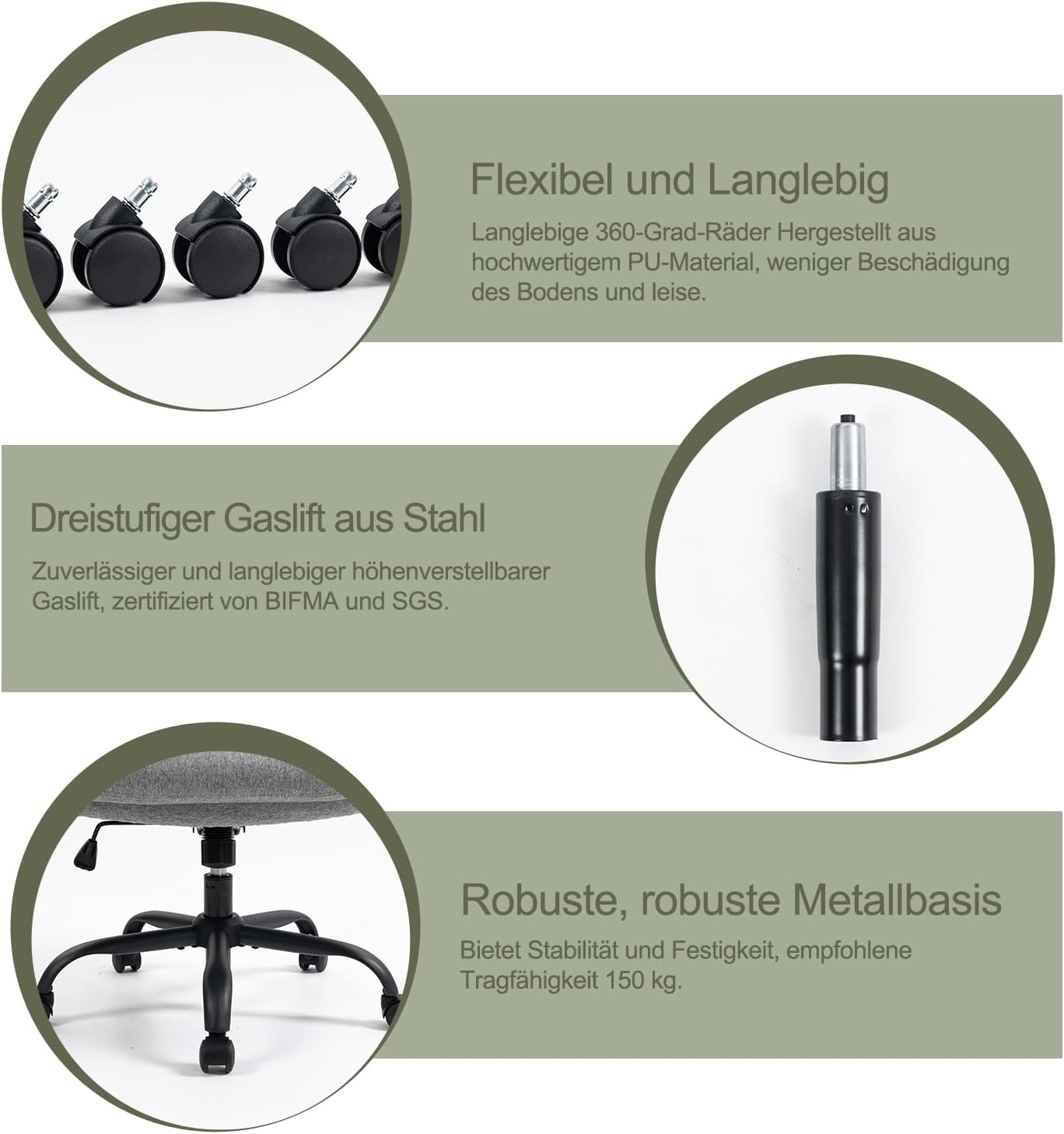 CASTLOVE Ergonomischer Bürostuhl, Schreibtischstuhl mit Rückenlehne, hochklappbare Armlehne, hohe Rückenlehne, höhenverstellbar, Wippfunktion (Bürostuhl, Stoff, grau, max. 150 kg) – Bild 8
