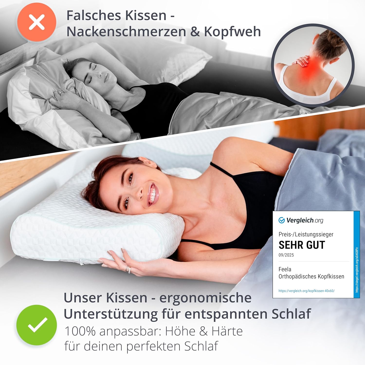Feela. Orthopädisches Kissen/Schlafkissen (3 Härtegrade) – Lindert Nacken- und Schulterschmerzen, erhöht den Schlafkomfort und entlastet die Halswirbelsäule – Seitenschläferkissen 60 x 40 cm (weich) – Bild 4