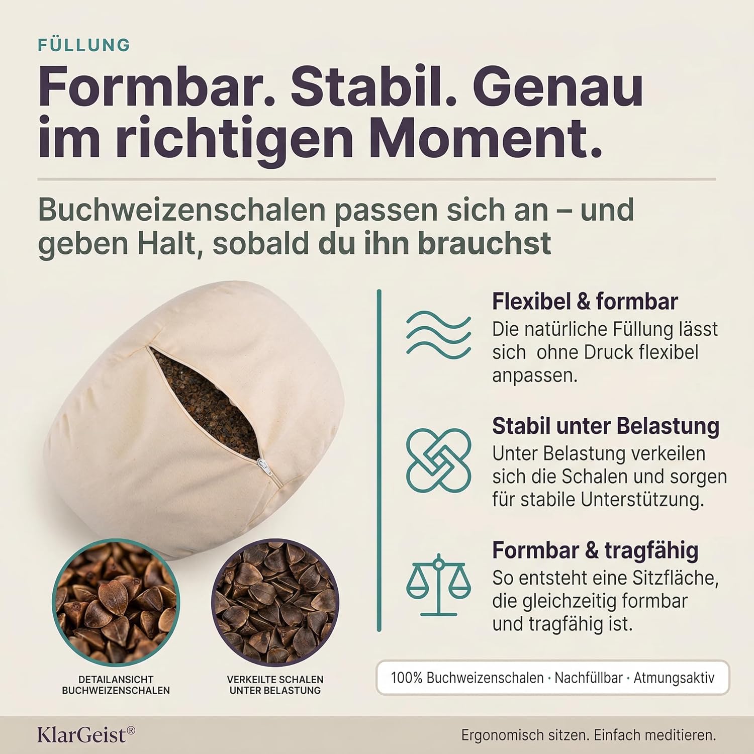 Ergo - Ergonomisches Meditationskissen – Das Yoga Kissen & Yogakissen rund | Yoga Sitzkissen Rund | Bodenkissen zum Sitzen | Zafu mit Buchweizenschalen | Meditationskissen Elefant Lila – Bild 7