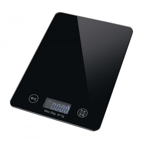 5 kg digitale Küchenwaage, wiederaufladbare Küchenwaage mit großem LCD-Display und Tara-Funktion, wasserdichte elektronische Digitalwaage, hohe Präzision 1 g, mit großer Wiegefläche aus Glas, Schwarz