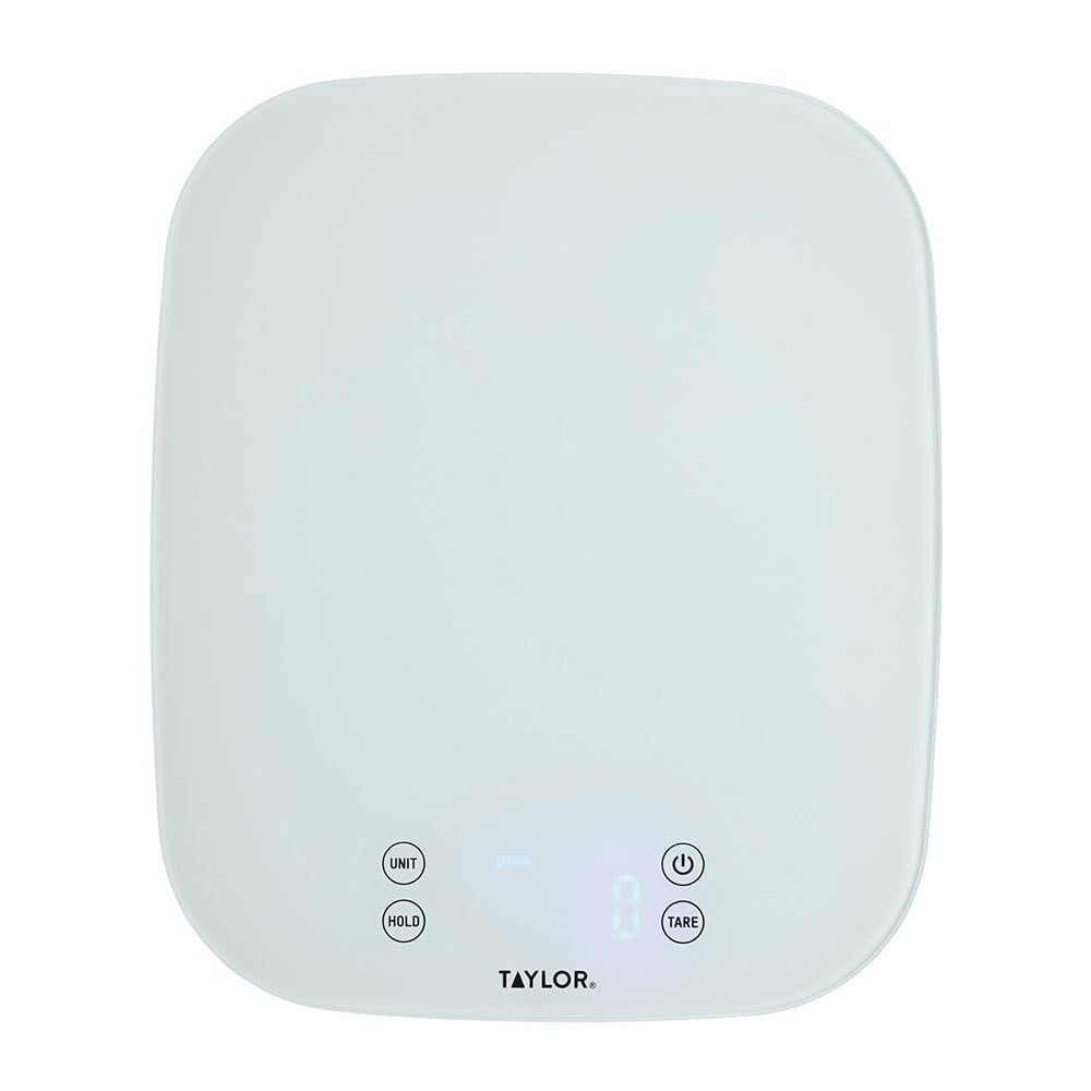 Digitale Küchenwaage Taylor Pro für Lebensmittel, kompakter professioneller Standard mit Präzisionsgenauigkeit, wasserdichtem Design und Tarafunktion, weißes Glas, Wiegekapazität 14 kg / 14 l