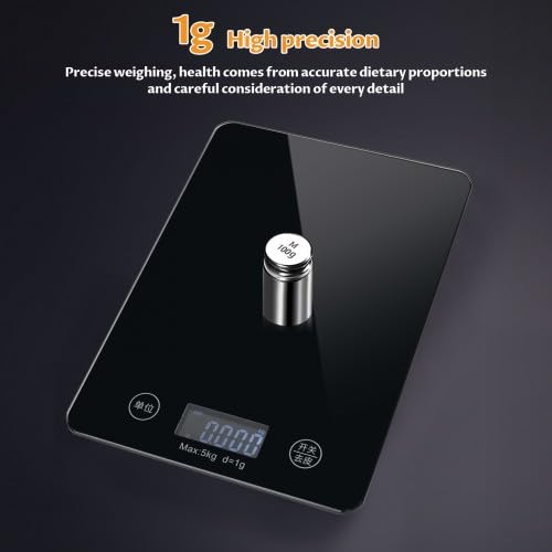 5 kg digitale Küchenwaage, wiederaufladbare Küchenwaage mit großem LCD-Display und Tara-Funktion, wasserdichte elektronische Digitalwaage, hohe Präzision 1 g, mit großer Wiegefläche aus Glas, Schwarz – Bild 5