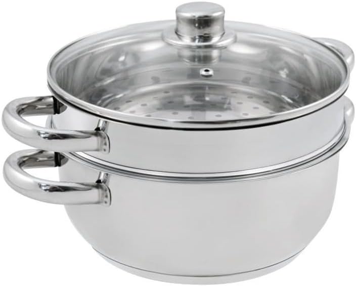 Baumalu - Dampfgarer 2 Stück - Edelstahl - Für alle Herdarten, auch Induktion - Kochtopf mit Siebeinsatz und Glasdeckel - Feste Griffe - Ø24cm
