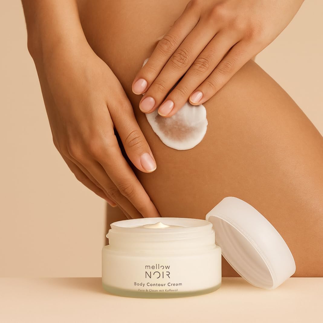 mellow NOIR Body Contour Cream 200 ml – Körpercreme gegen Cellulite und schlaffe Haut – für straffe Konturen an Bauch, Beinen und Oberarmen – zieht schnell ein, ohne zu fetten – Naturkosmetik – vegan – Bild 5