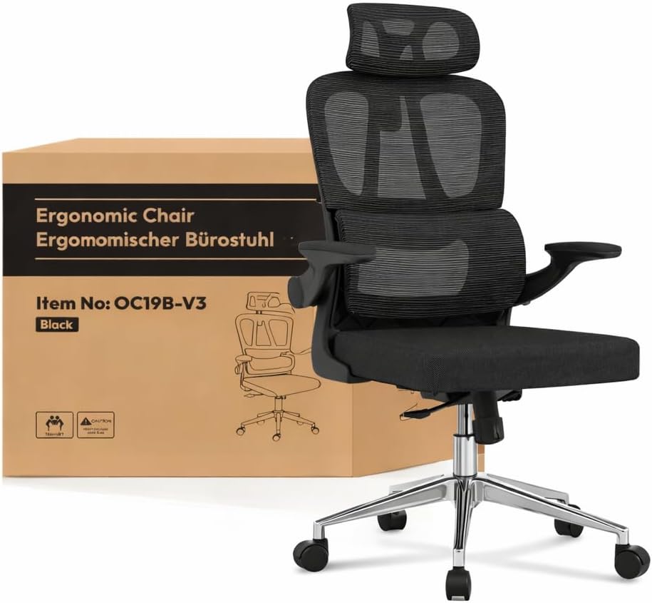 FLEXISPOT Ergonomischer Bürostuhl, Schreibtischstuhl mit 2D-Kopfstütze, klappbaren Armlehnen & dynamischer Lordosenstütze, Stuhl mit 120°-Wippfunktion für Home Office, Arbeitszimmer, Büro (Schwarz)