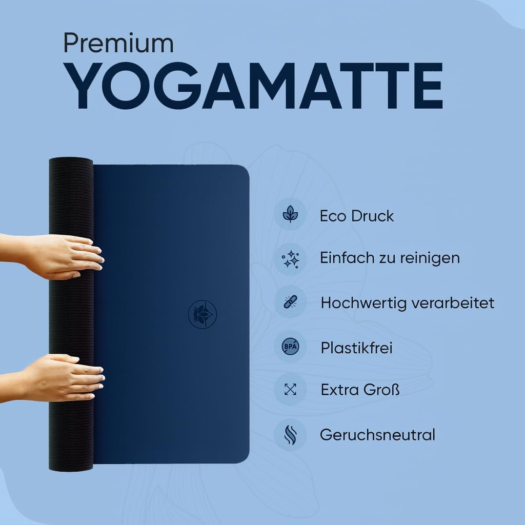Premium Yogamatte Studio 185 x 68 x 0,4 cm (extra groß) inklusive Gurt aus Öko-PU und Naturkautschuk – rutschfeste Beschichtung, Gymnastik- & Pilatesmatte, 100 % nachhaltig, schadstofffrei – Bild 6