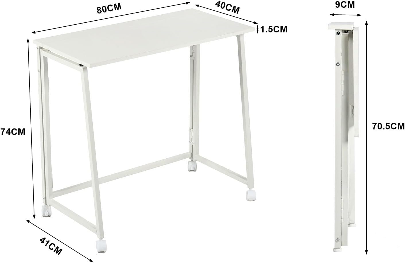 MEUBLE Gemütlicher Klapptisch mit Rollen, kleiner klappbarer Schreibtisch, Laptoptisch aus Holz und Metall, Computertisch für Büro, Wohnzimmer, Heimbüro, skandinavischer Stil, Weiß – Bild 3