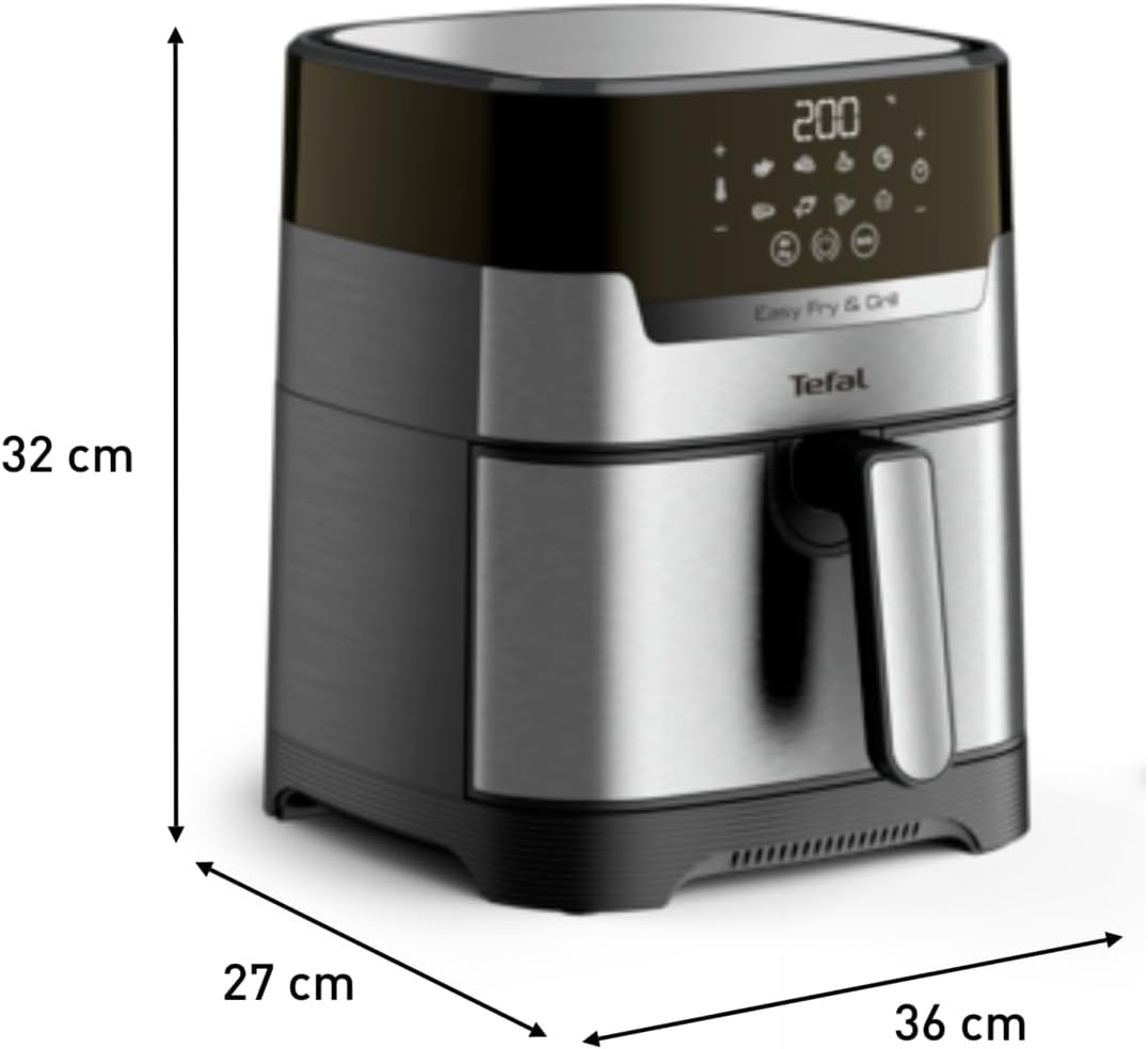 Tefal Easy Fry & Grill Heißluftfritteuse, 2-in-1-Technologie, Heißluftfritteuse und Grill, digitales Display, 4,6 Liter für 6 Portionen, 8 Kochprogramme, energiesparend, kein Öl, Edelstahl, XL-Volumen, EY505D – Bild 11