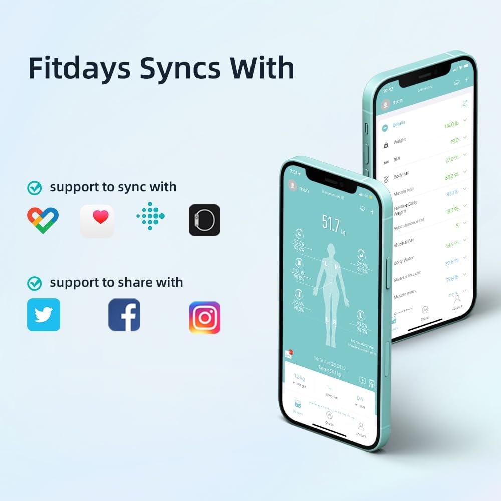 Fitdays Intelligente Körperanalysewaage, 8-Elektroden-Präzisions-Digital-BMI-Waage mit über 20 Messwerten, Bluetooth-Farbdisplay für Muskeln/Fett/Wasser, Familiensynchronisierung für 6 Benutzer (FI2211WB-Schwarz) – Bild 9