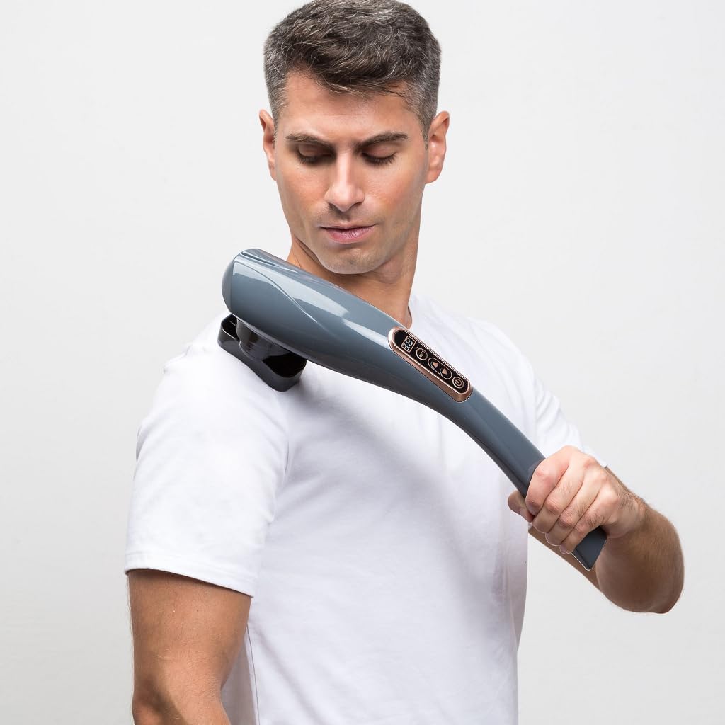 GLOBAL RELAX EGO Multifunktionales kabelloses Körpermassagegerät, Grau, Shiatsu-Massageperkussion, 6 austauschbare Köpfe, 10 Intensitätsstufen, LCD-Display – Bild 7
