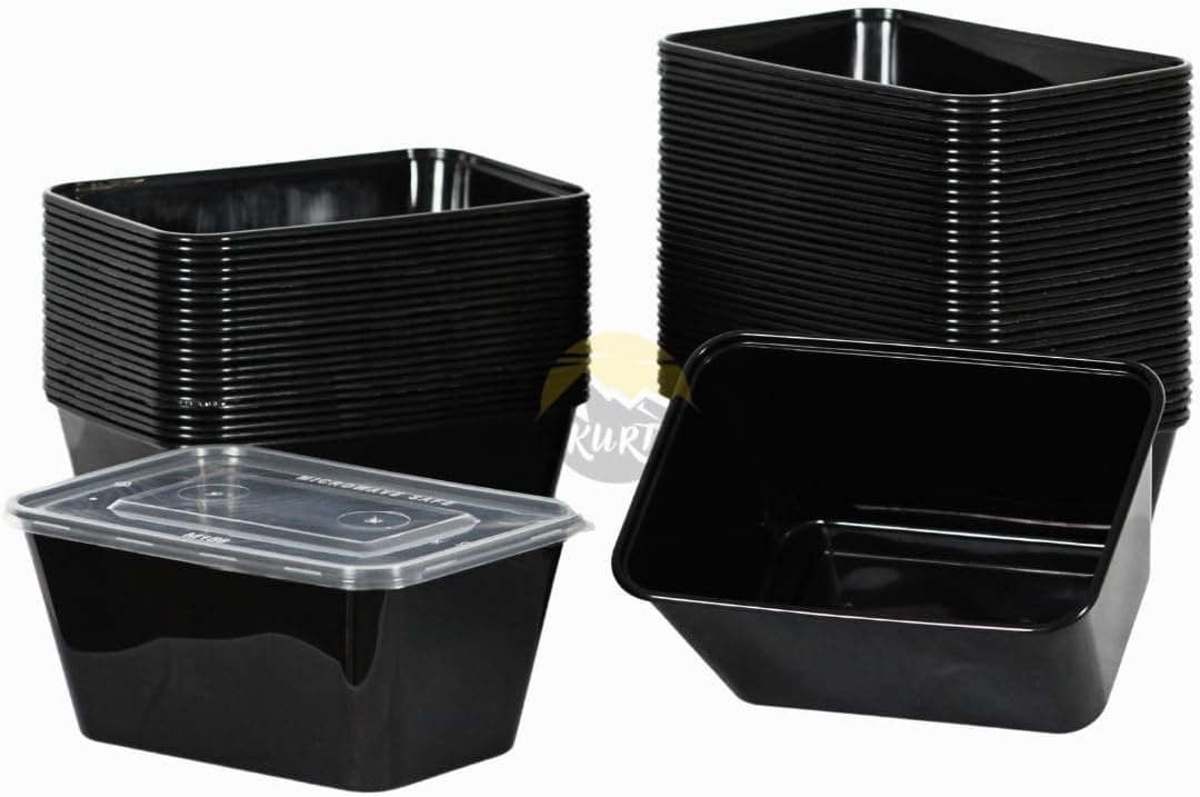 KURTT 100 Stück, Mealprep-Behälter, Mealprep-Behälter, Mikrowellenschüsseln mit Deckel, Frischhaltedosen, wiederverwendbar, mikrowellengeeignet, spülmaschinenfest (schwarz, 1000 ml)