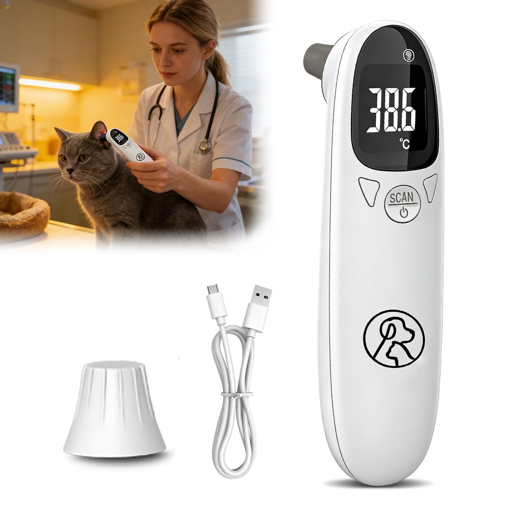 Fieberthermometer Hund, Digitales Haustierthermometer mit LED-Anzeige, Tragbares Fiebermessgerät Ohr für Hunde und Katzen, Ohrthermometer Hund mit Speichermodus